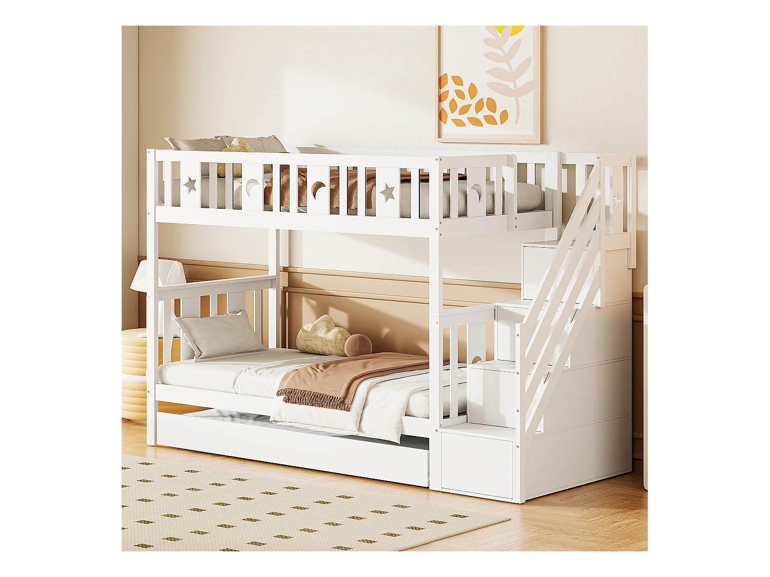 Lit superposés gigogne 3 places - 2 x 90 x 200 cm + 90 x 190 cm - 4 rangements dans l'escalier - Bois massif - Blanc
