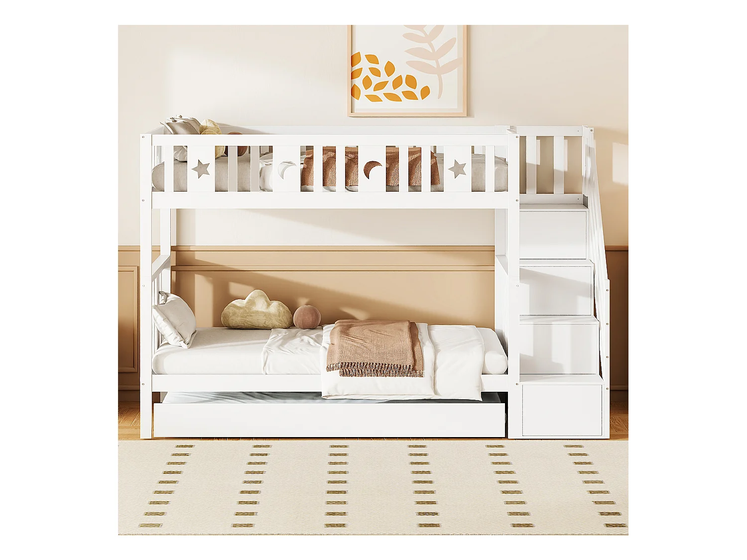 Lit superposés gigogne 3 places - 2 x 90 x 200 cm + 90 x 190 cm - 4 rangements dans l'escalier - Bois massif - Blanc