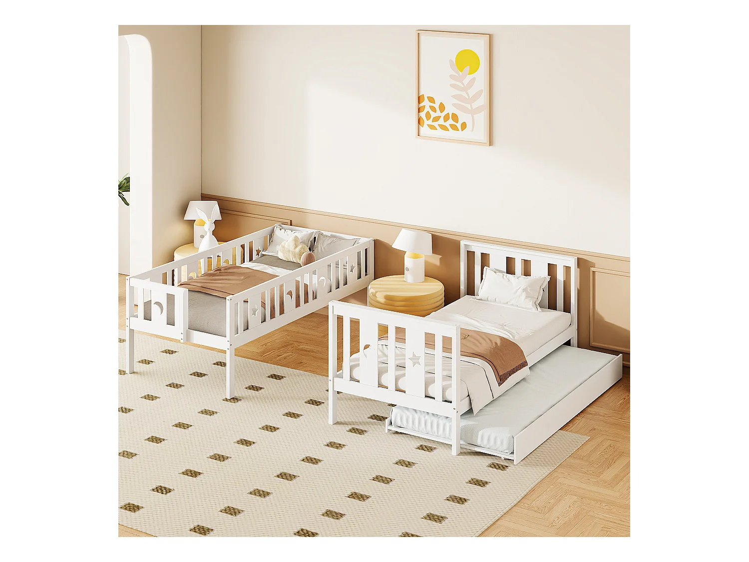 Lit superposés gigogne 3 places - 2 x 90 x 200 cm + 90 x 190 cm - 4 rangements dans l'escalier - Bois massif - Blanc