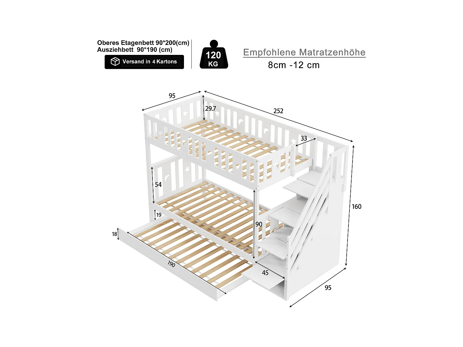 Lit superposés gigogne 3 places - 2 x 90 x 200 cm + 90 x 190 cm - 4 rangements dans l'escalier - Bois massif - Blanc
