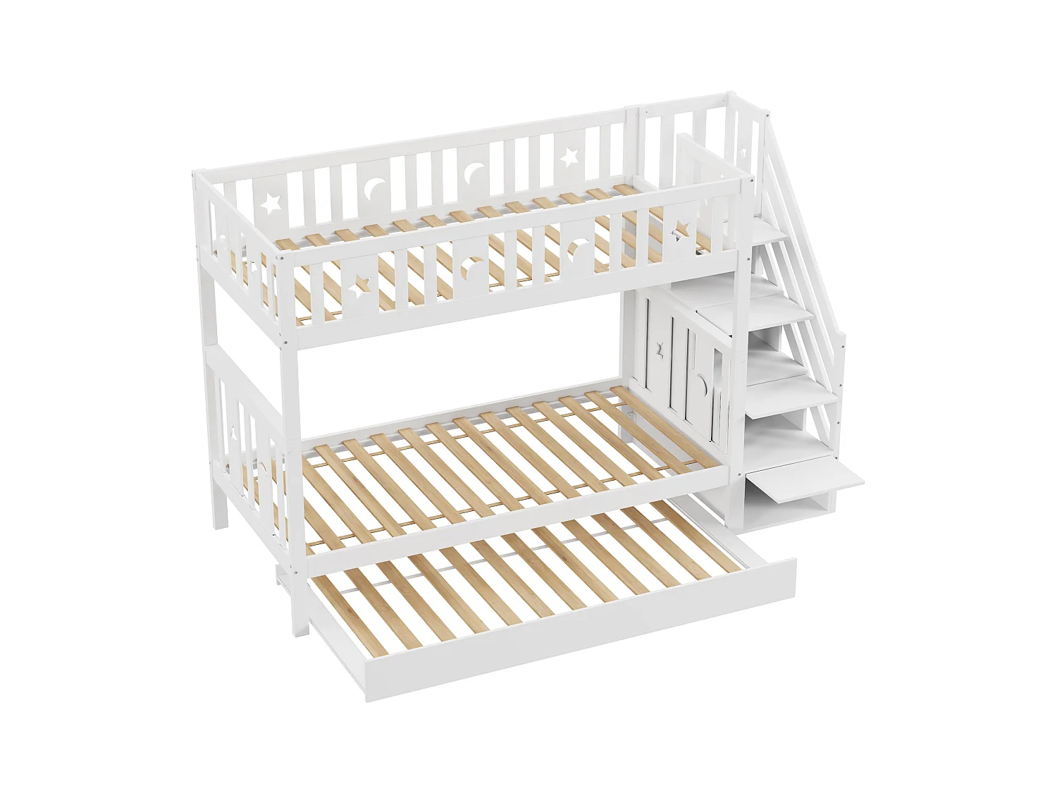 Lit superposés gigogne 3 places - 2 x 90 x 200 cm + 90 x 190 cm - 4 rangements dans l'escalier - Bois massif - Blanc