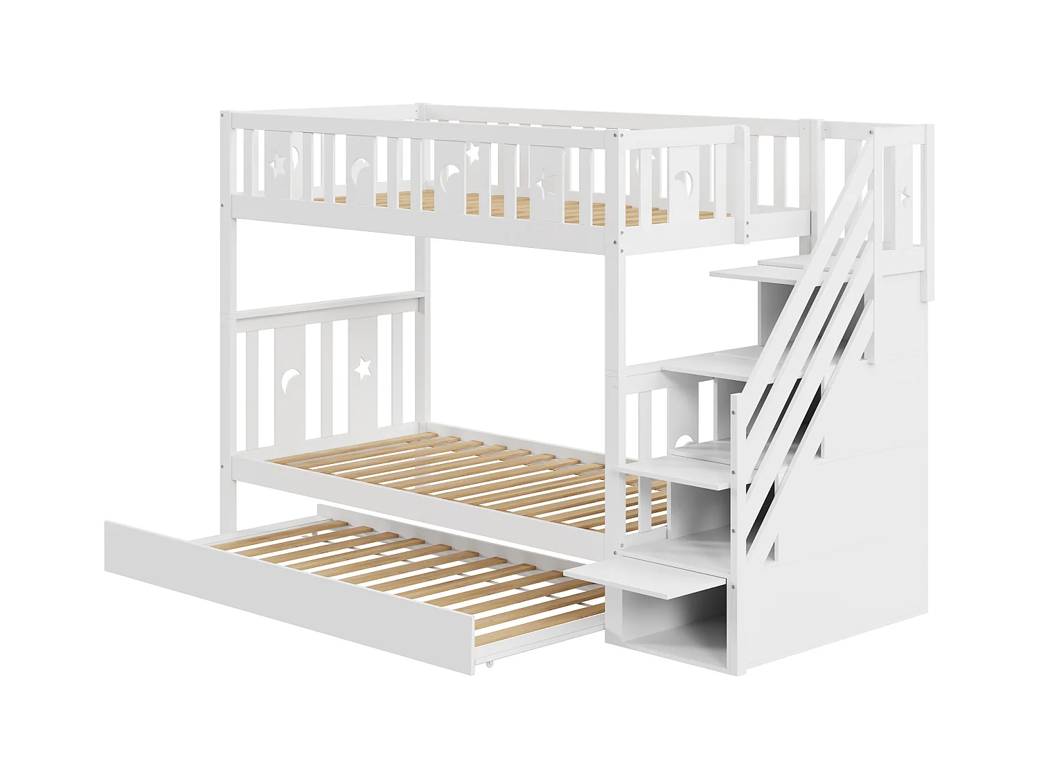 Lit superposés gigogne 3 places - 2 x 90 x 200 cm + 90 x 190 cm - 4 rangements dans l'escalier - Bois massif - Blanc