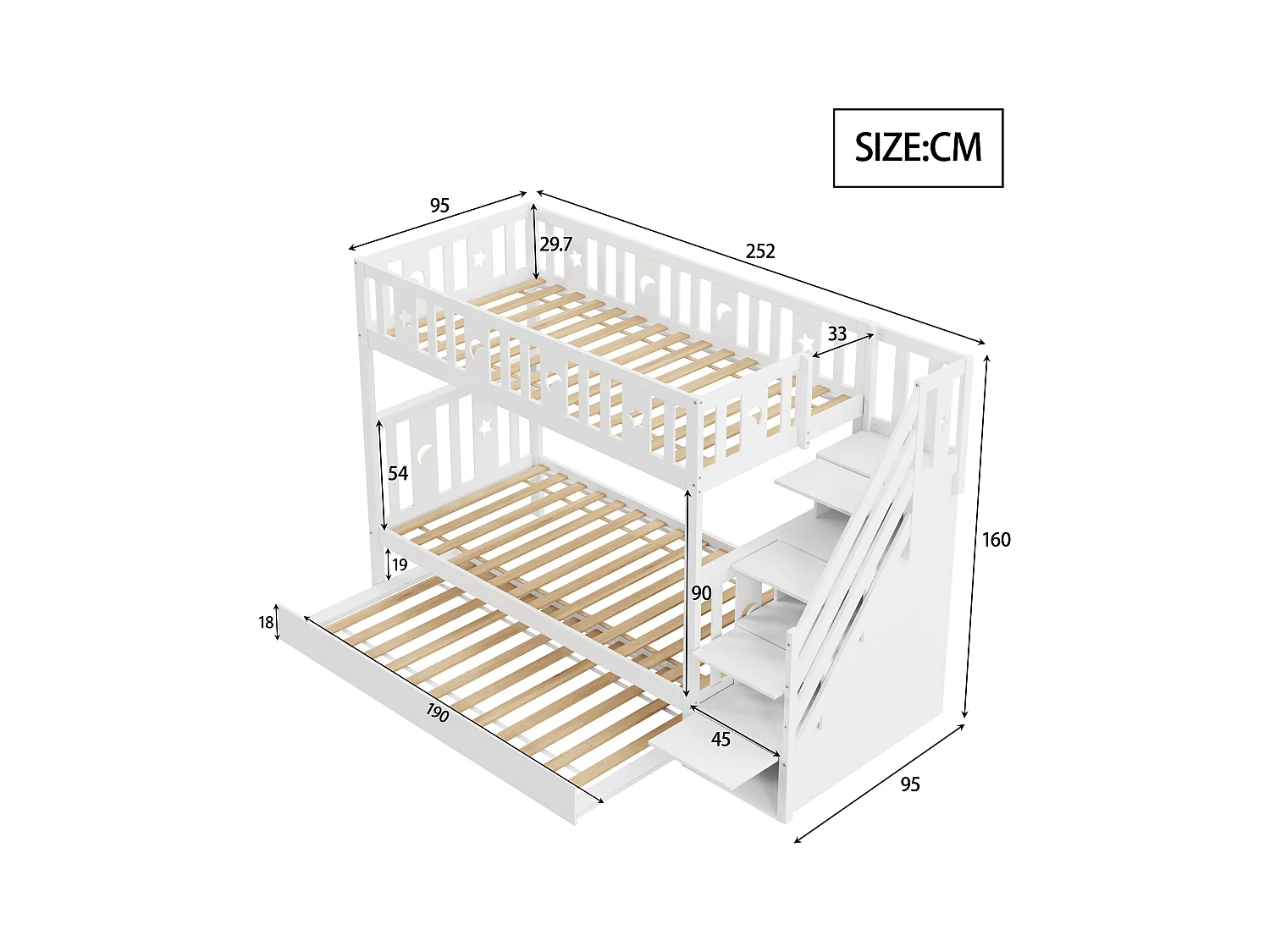 Lit superposés gigogne 3 places - 2 x 90 x 200 cm + 90 x 190 cm - 4 rangements dans l'escalier - Bois massif - Blanc