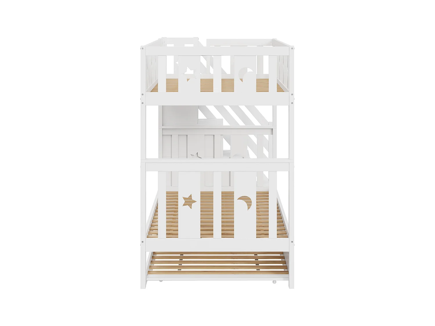 Lit superposés gigogne 3 places - 2 x 90 x 200 cm + 90 x 190 cm - 4 rangements dans l'escalier - Bois massif - Blanc