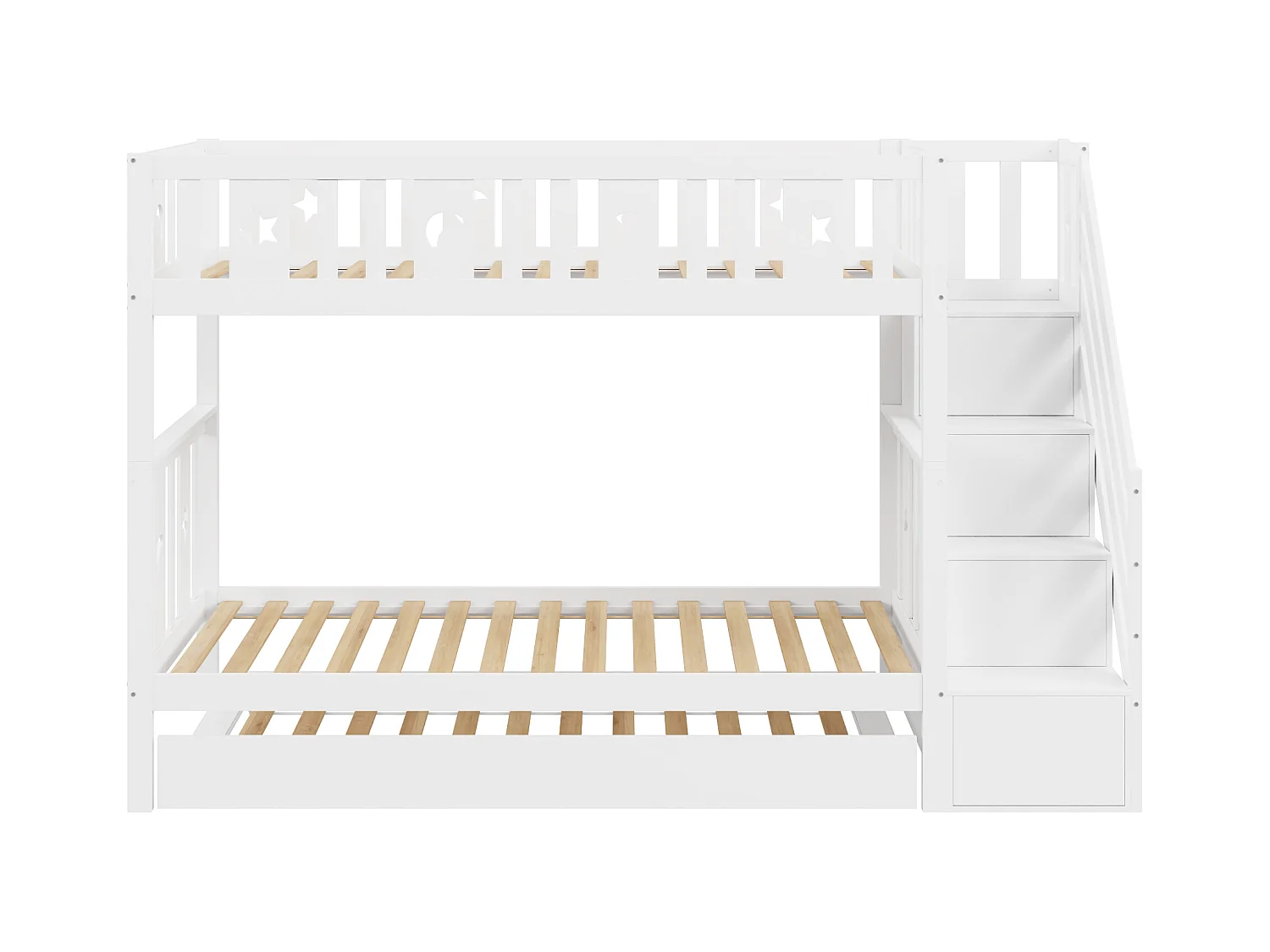 Lit superposés gigogne 3 places - 2 x 90 x 200 cm + 90 x 190 cm - 4 rangements dans l'escalier - Bois massif - Blanc