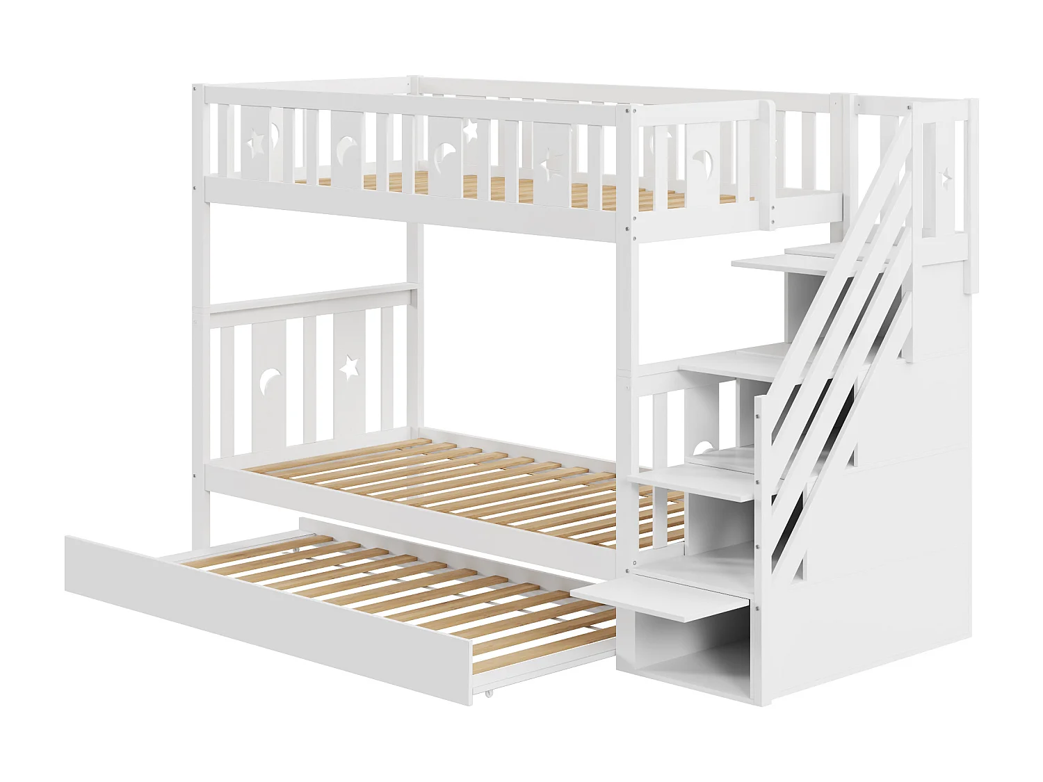 Beliche com gaveta para 3 pessoas - 90 x 200 cm + 90 x 190 cm - 4 espaços de arrumação na escada - Madeira maciça - Branco