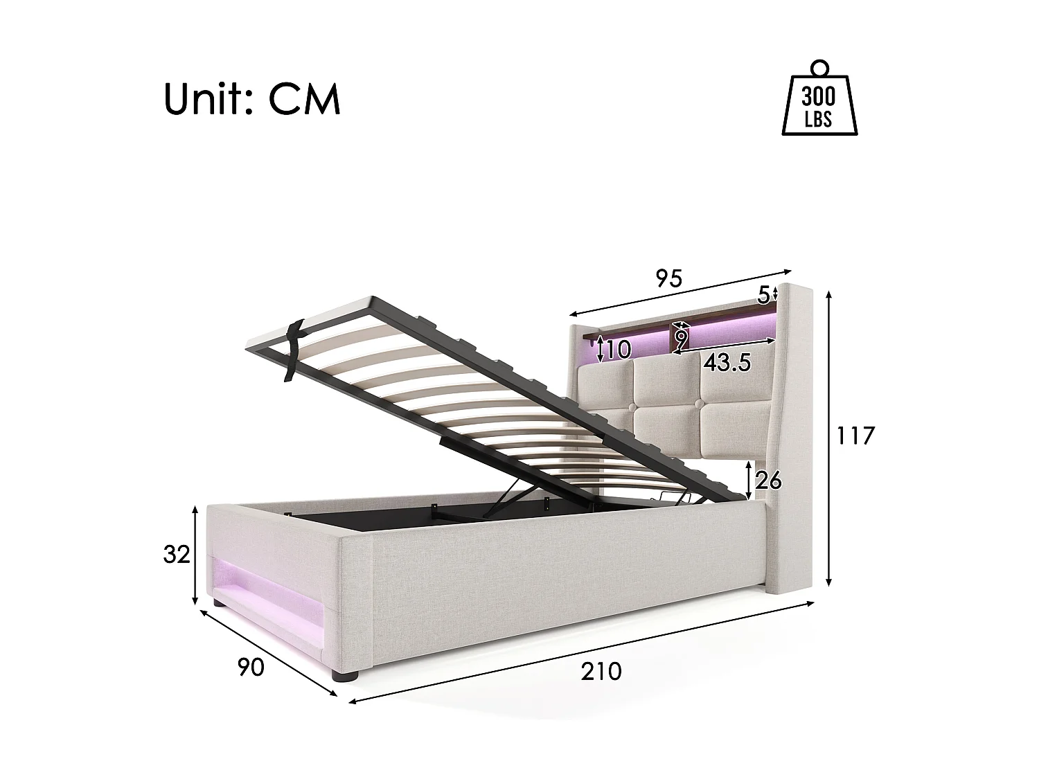 Letto contenitore imbottito per ragazzi - 90 x 200 cm - Materasso + LED + Testiera con USB - Tessuto in lino - Beige