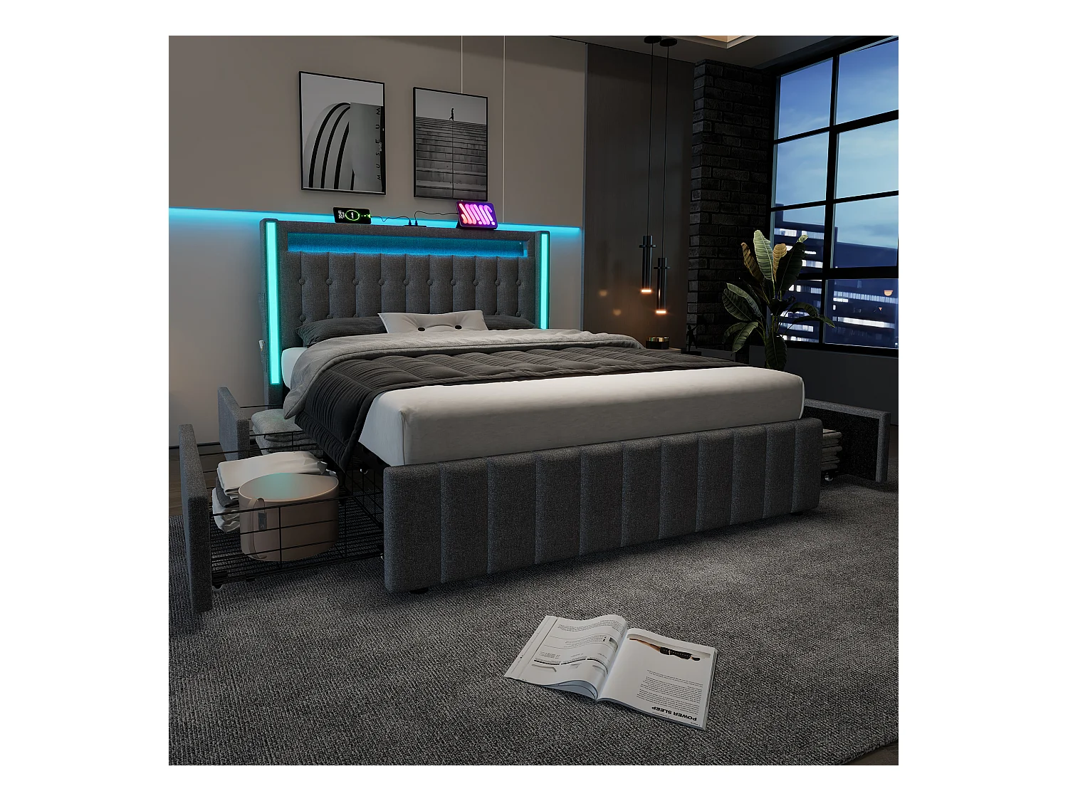 Gepolstertes Doppelbett mit Stauraum - 160 x 200 cm - Matratze + LEDs + 4 Schubladen + Kopfteil mit USB - Leinenstoff - Grau