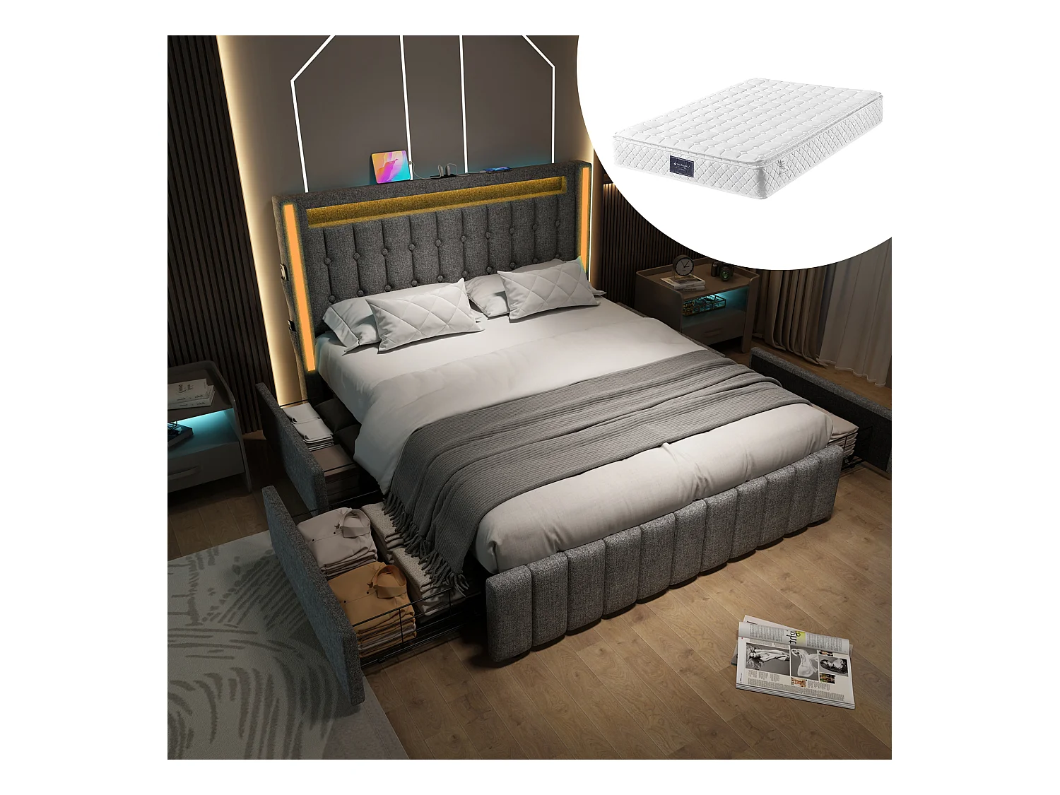 Lit coffre double rembourré - 160 x 200 cm - Matelas + Leds + 4 tiroirs + Tête de lit avec USB - tissu lin - Gris