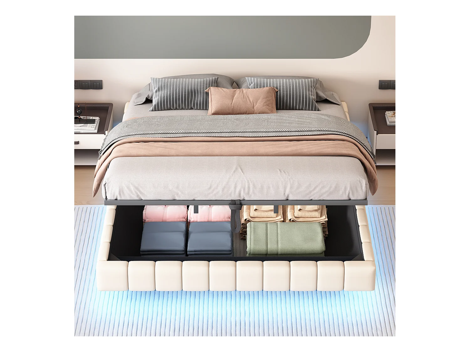 Lit coffre double rembourré - 180 x 200 cm - sans tête + Leds - Tissu lin - Beige