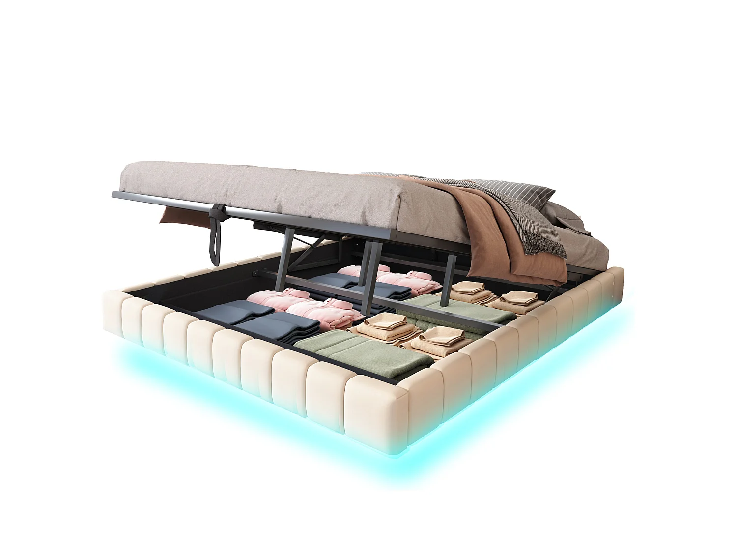 Lit coffre double rembourré - 180 x 200 cm - sans tête + Leds - Tissu lin - Beige