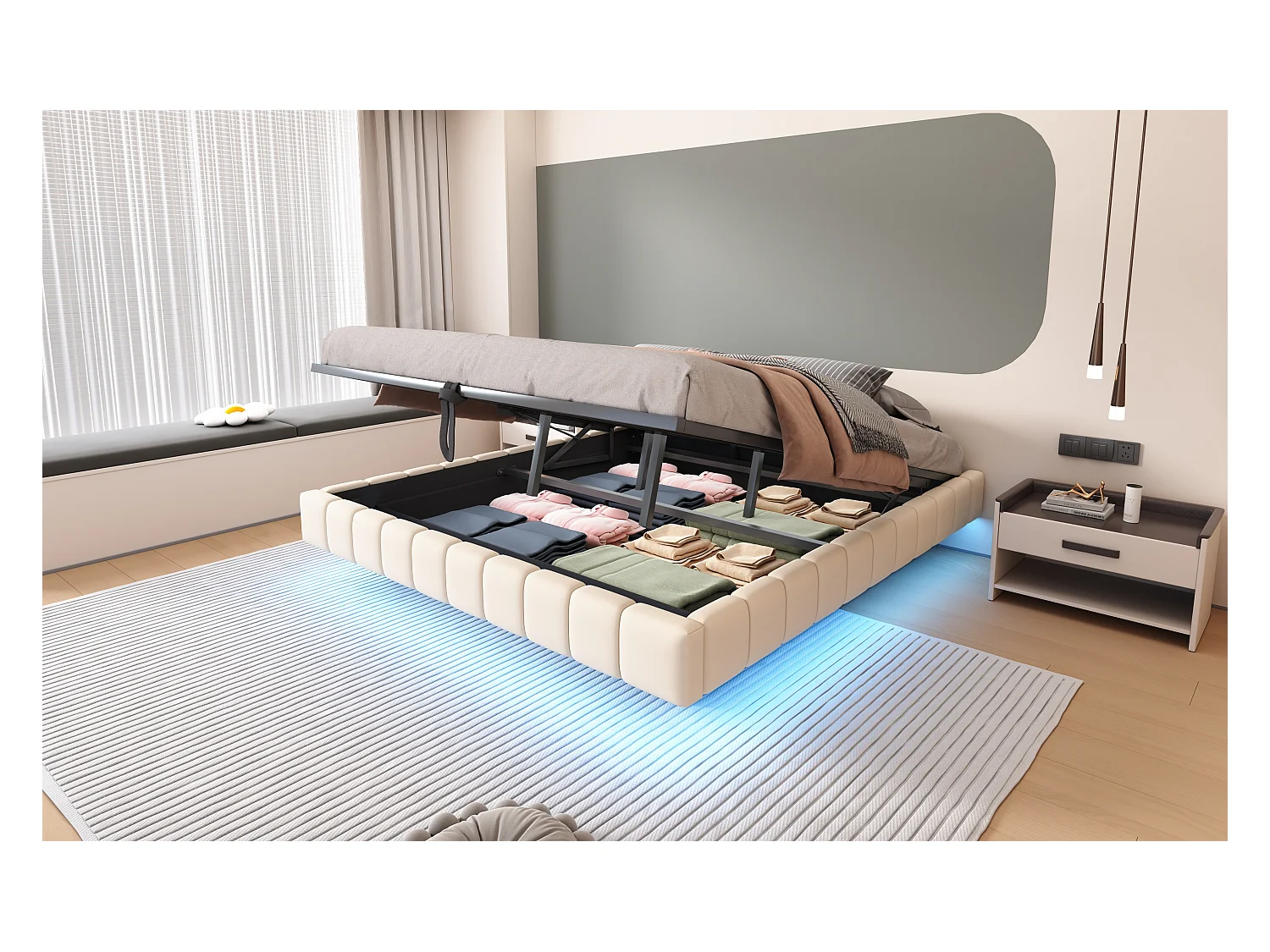 Lit coffre double rembourré - 180 x 200 cm - sans tête + Leds - Tissu lin - Beige