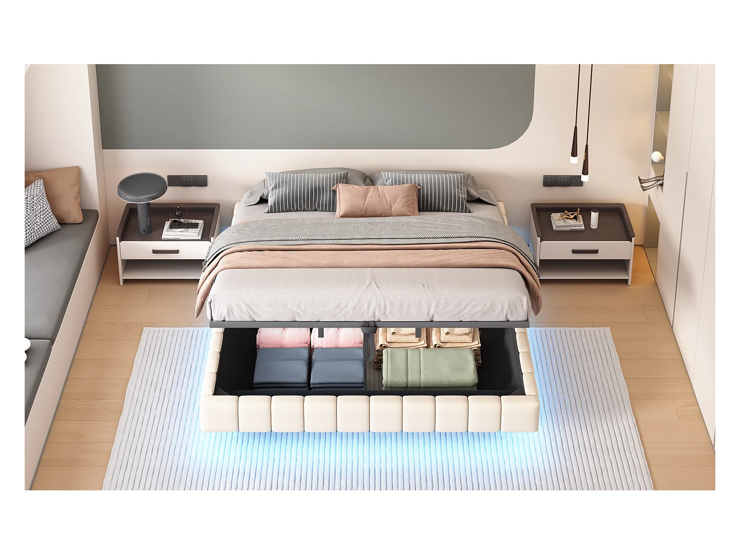 Lit coffre double rembourré - 180 x 200 cm - sans tête + Leds - Tissu lin - Beige