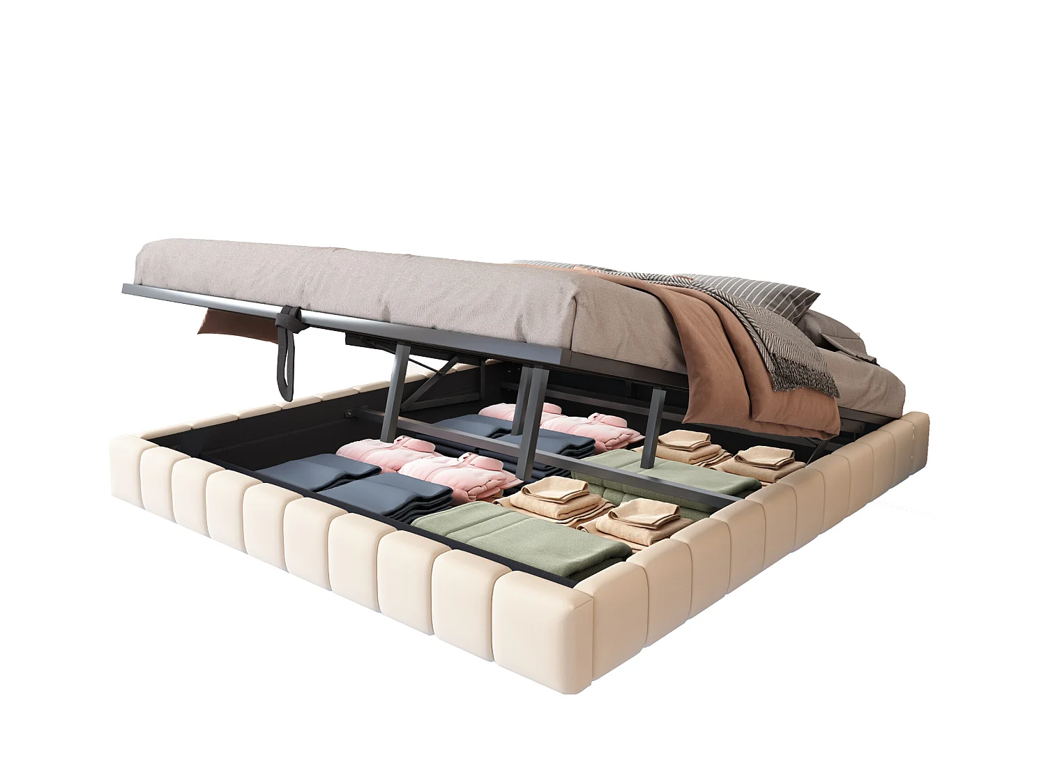 Lit coffre double rembourré - 180 x 200 cm - sans tête + Leds - Tissu lin - Beige