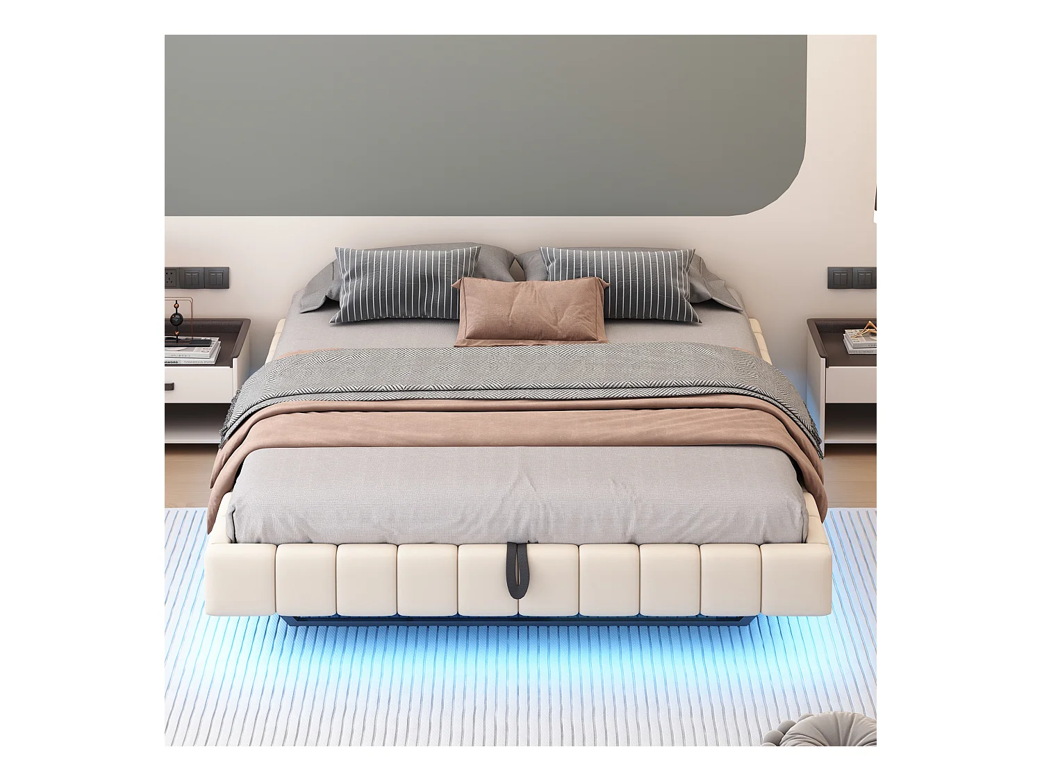 Lit coffre double rembourré - 180 x 200 cm - sans tête + Leds - Tissu lin - Beige