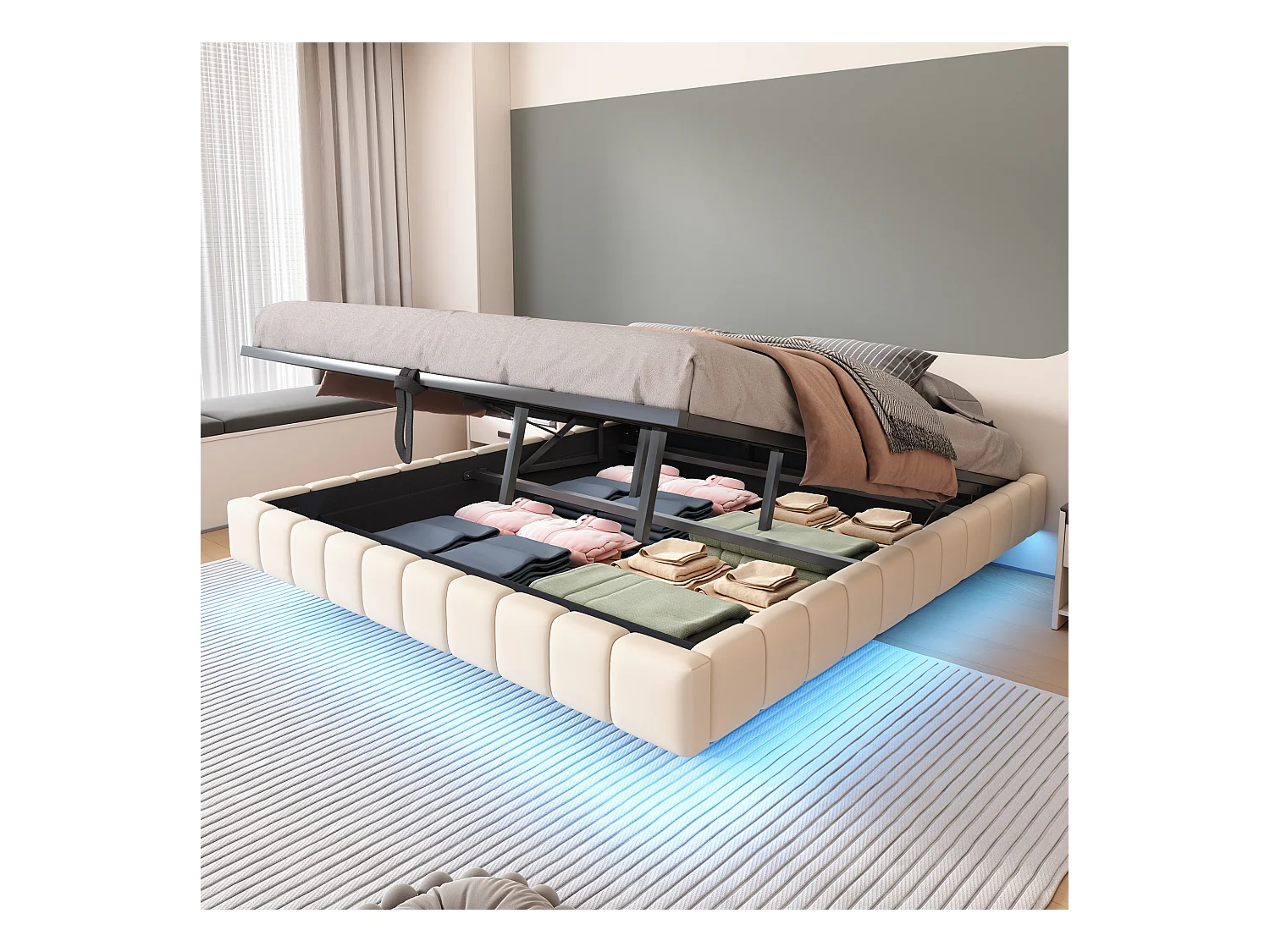 Lit coffre double rembourré - 180 x 200 cm - sans tête + Leds - Tissu lin - Beige