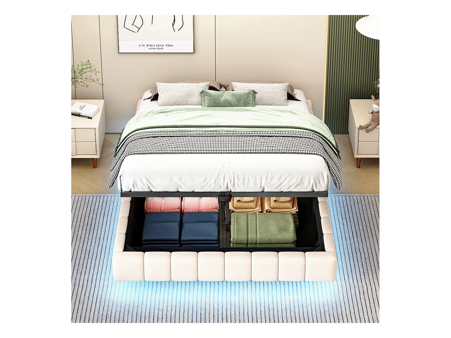 Lit coffre double rembourré - 140 x 200 cm - sans tête + Leds - Tissu lin - Beige