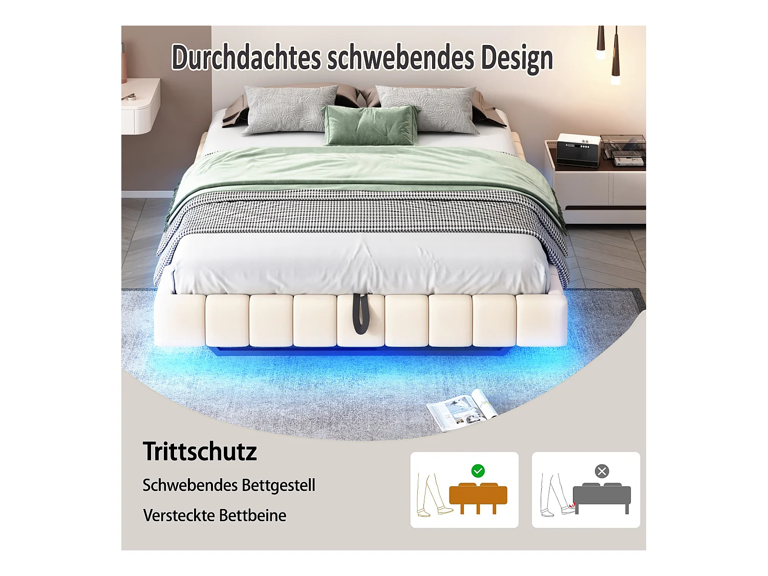 Lit coffre double rembourré - 140 x 200 cm - sans tête + Leds - Tissu lin - Beige