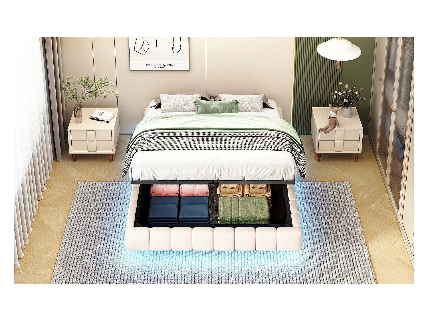 Lit coffre double rembourré - 140 x 200 cm - sans tête + Leds - Tissu lin - Beige