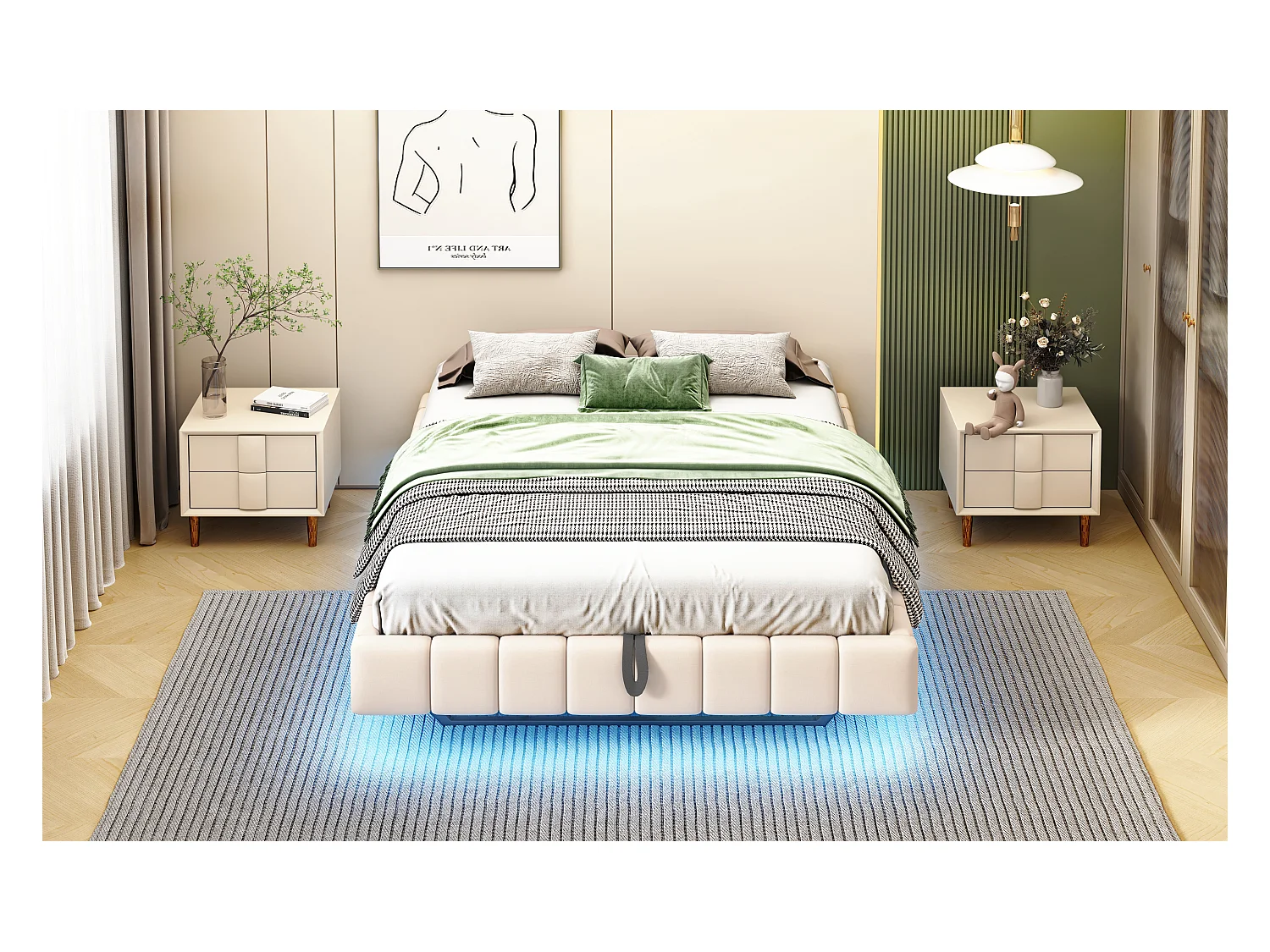 Lit coffre double rembourré - 140 x 200 cm - sans tête + Leds - Tissu lin - Beige