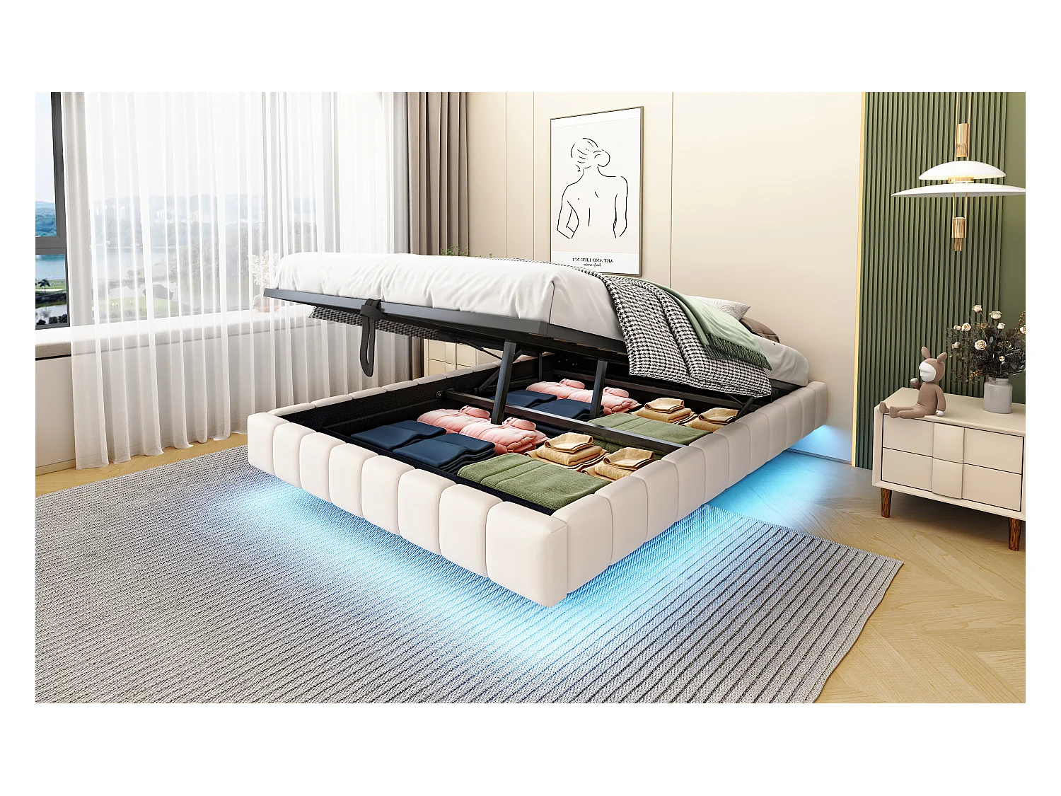 Lit coffre double rembourré - 140 x 200 cm - sans tête + Leds - Tissu lin - Beige
