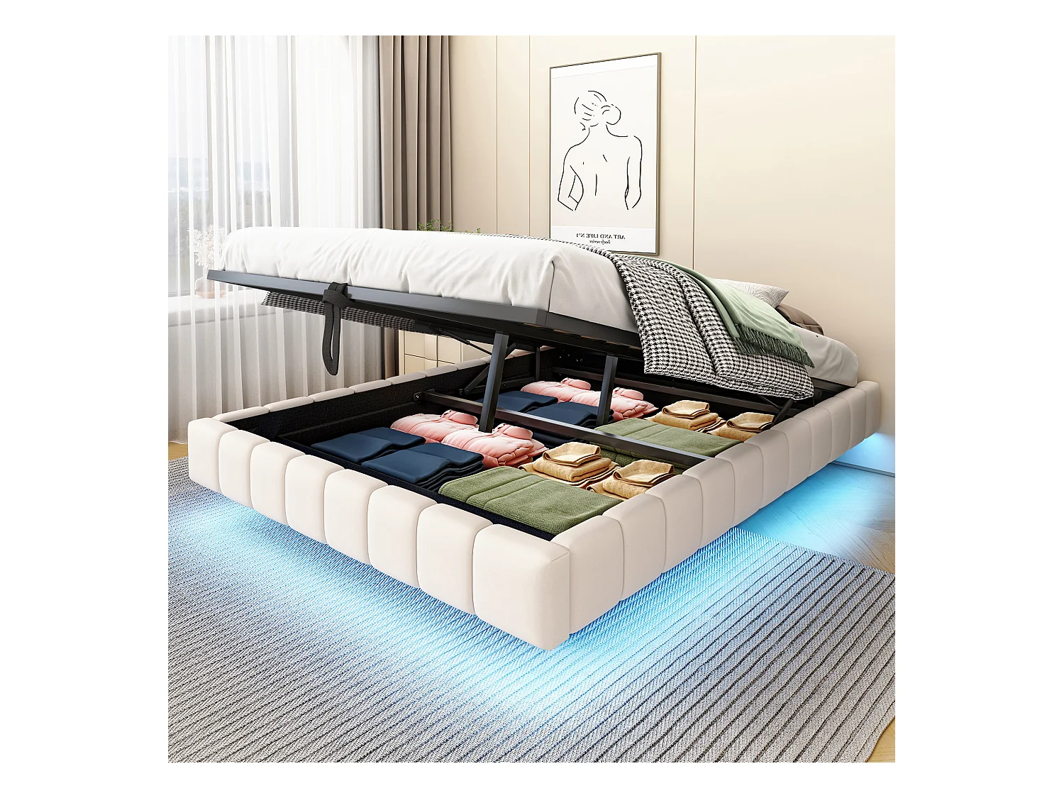 Lit coffre double rembourré - 140 x 200 cm - sans tête + Leds - Tissu lin - Beige