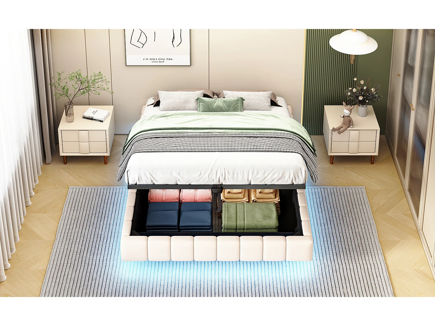 Lit coffre double rembourré - 140 x 200 cm - sans tête + Leds - Tissu lin - Beige