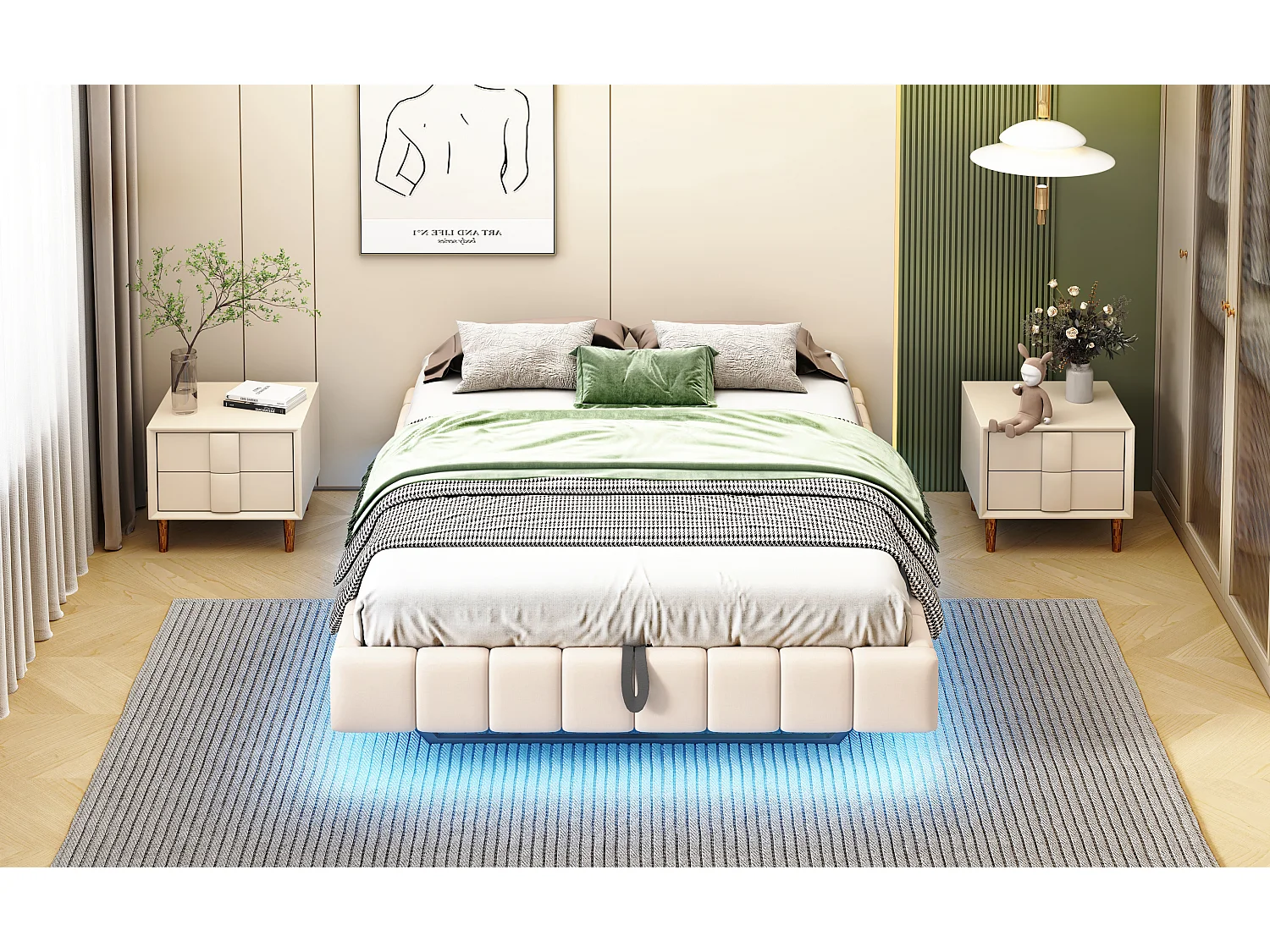 Lit coffre double rembourré - 140 x 200 cm - sans tête + Leds - Tissu lin - Beige