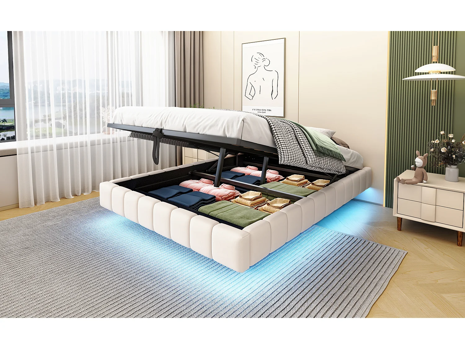 Lit coffre double rembourré - 140 x 200 cm - sans tête + Leds - Tissu lin - Beige