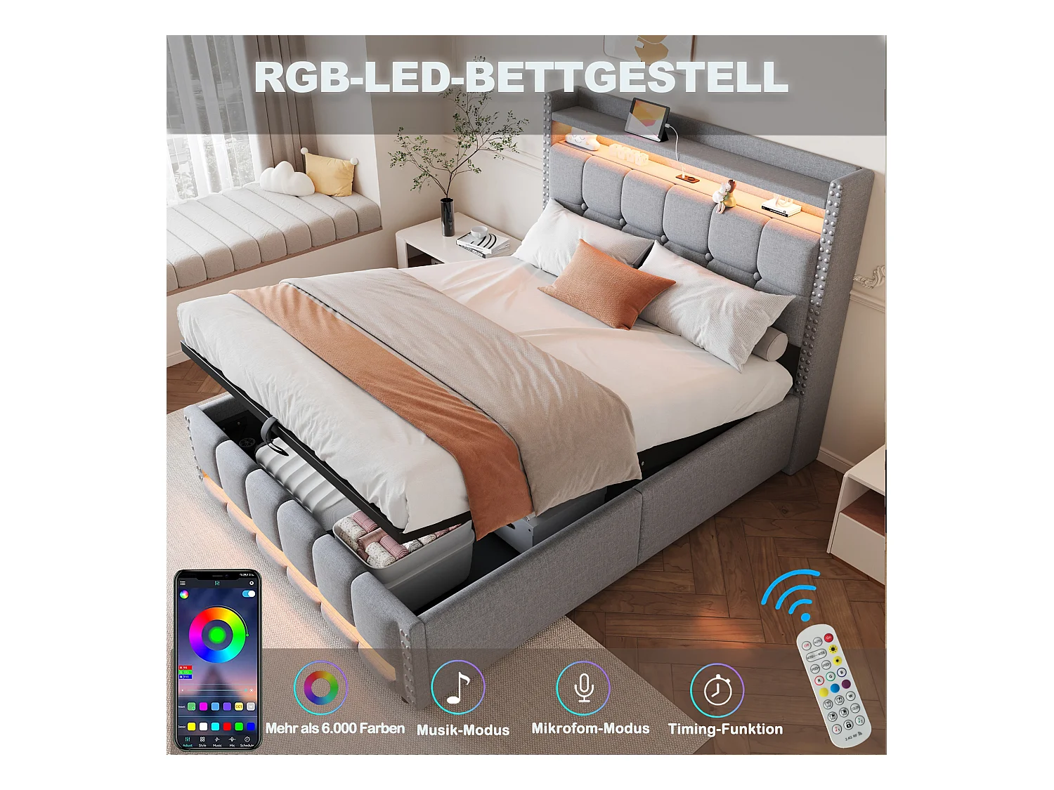 Lit coffre double capitonné - 140 x 200 cm - Leds + Tête avec USB -Tissu lin - Gris clair