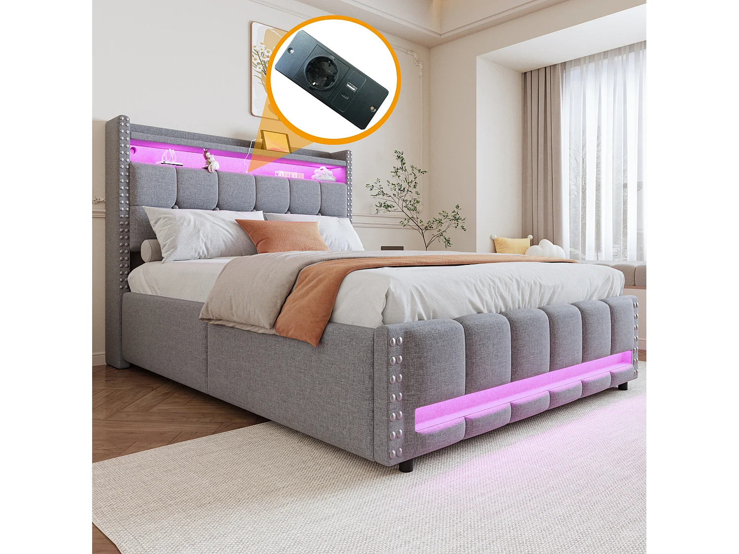 Lit coffre double capitonné - 140 x 200 cm - Leds + Tête avec USB -Tissu lin - Gris clair