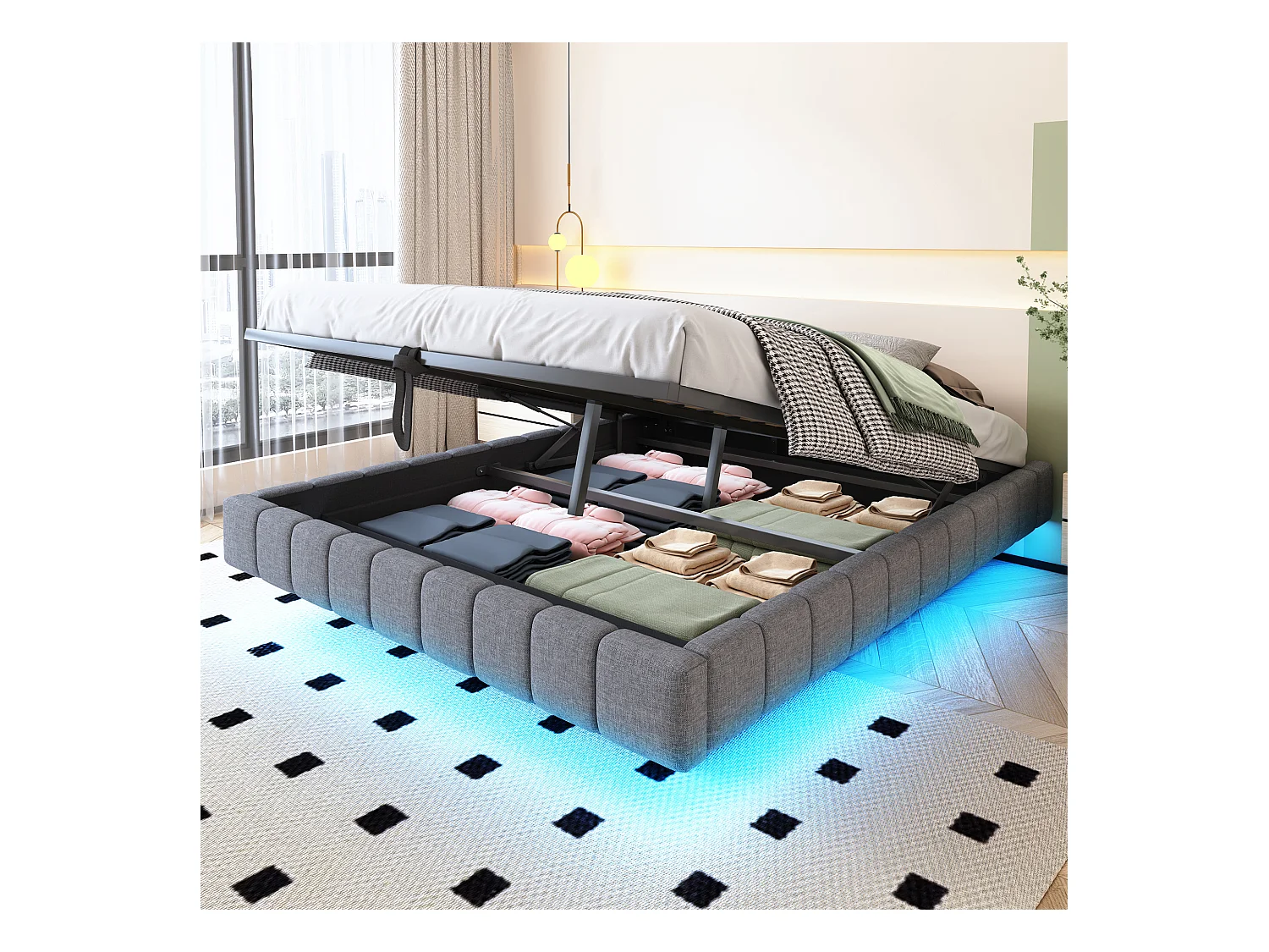 Lit coffre double rembourré - 160 x 200 cm - sans tête + Leds - Tissu lin - Gris