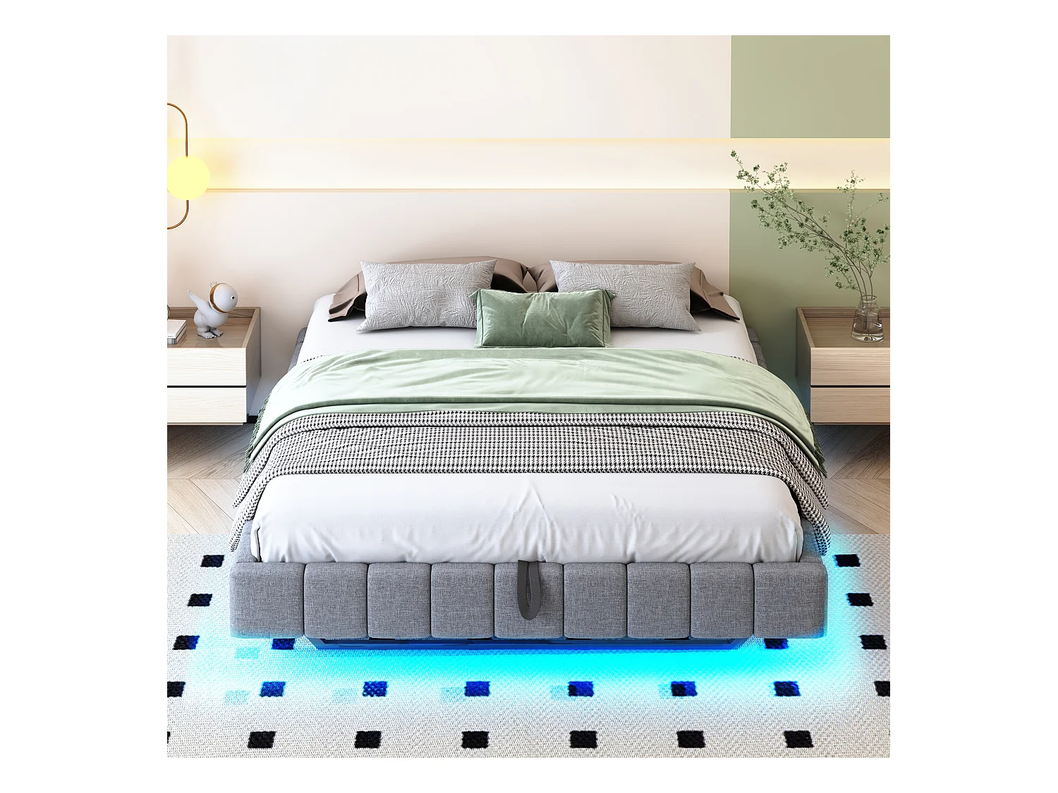 Lit coffre double rembourré - 160 x 200 cm - sans tête + Leds - Tissu lin - Gris