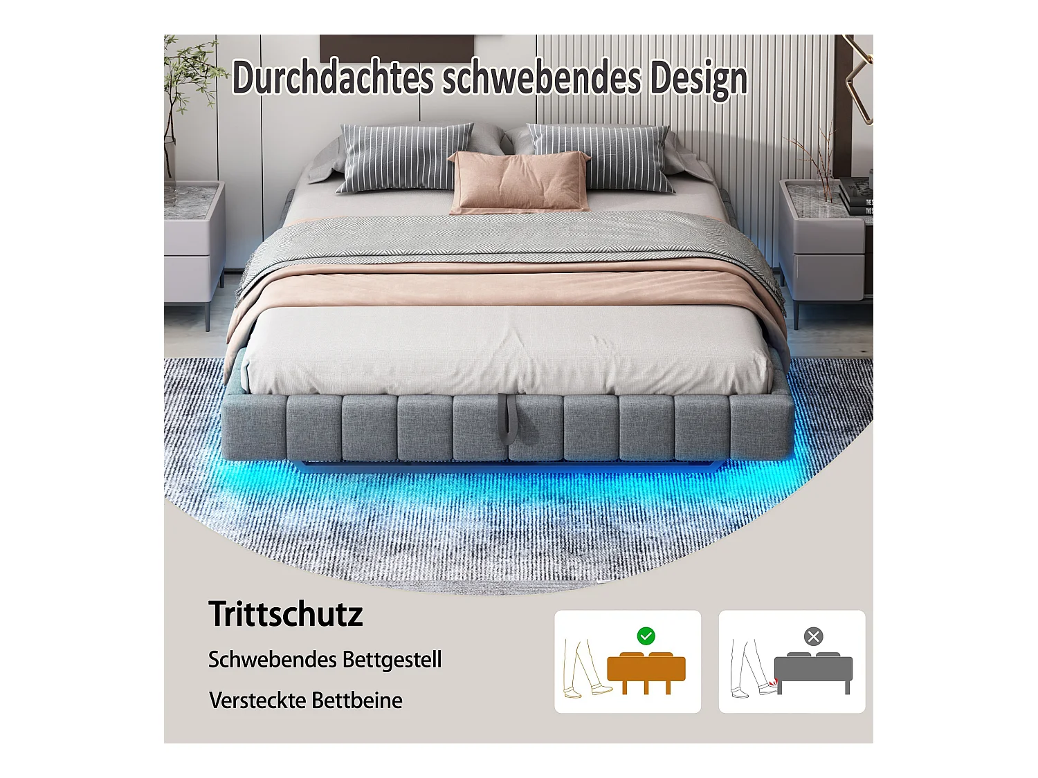 Lit coffre double rembourré - 160 x 200 cm - sans tête + Leds - Tissu lin - Gris