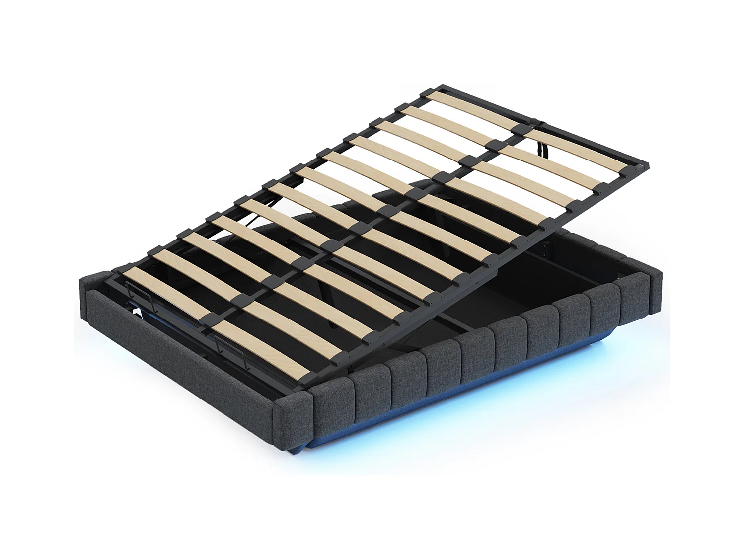 Lit coffre double rembourré - 160 x 200 cm - sans tête + Leds - Tissu lin - Gris