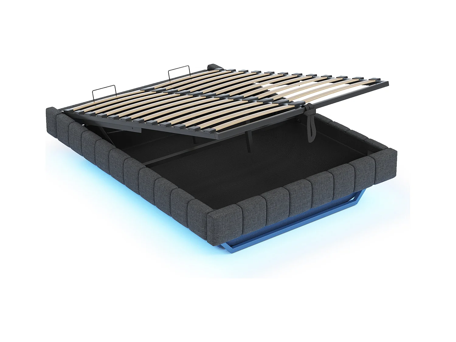 Lit coffre double rembourré - 160 x 200 cm - sans tête + Leds - Tissu lin - Gris