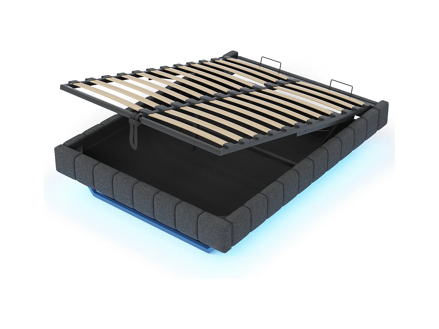 Lit coffre double rembourré - 160 x 200 cm - sans tête + Leds - Tissu lin - Gris