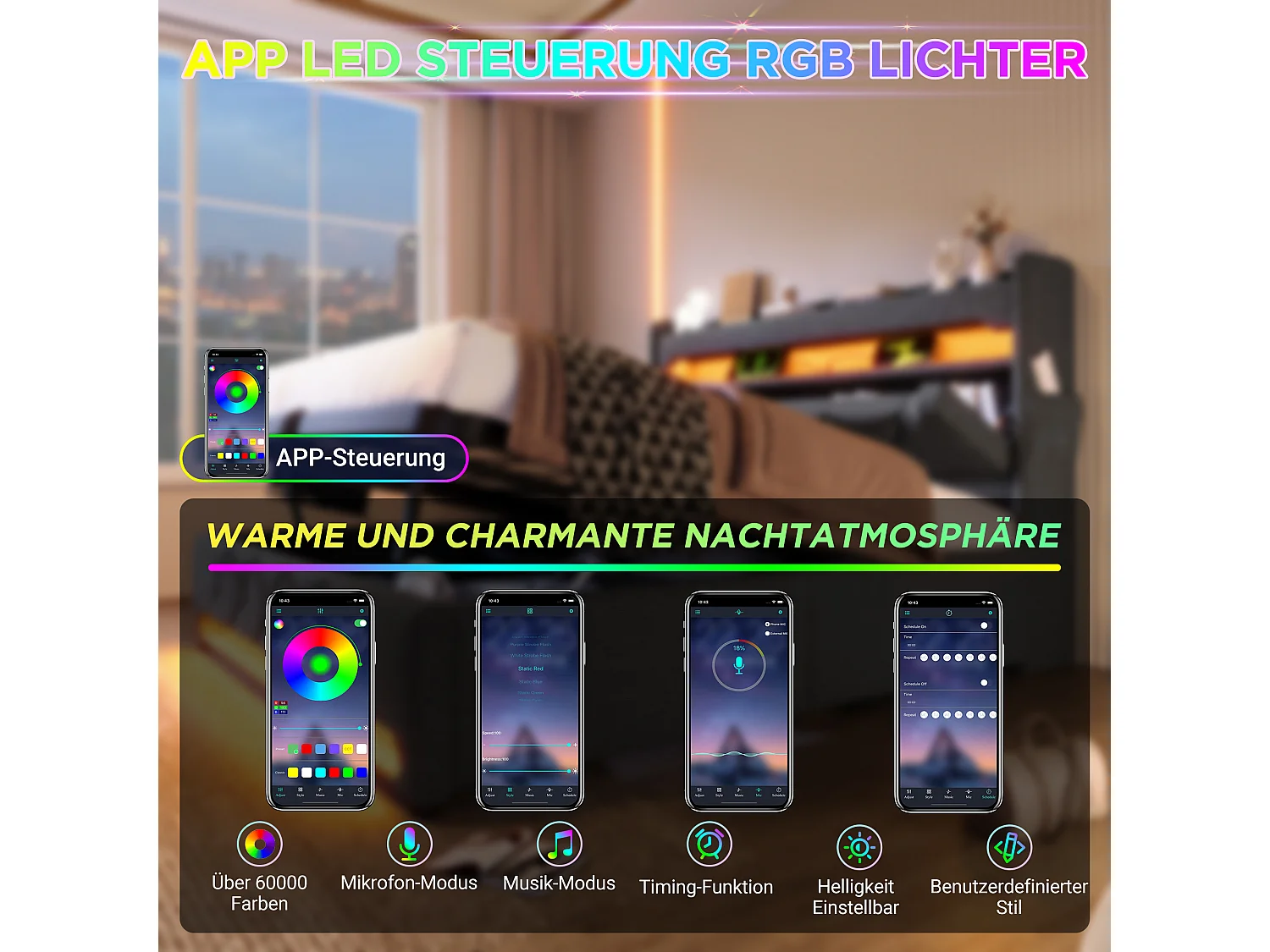 Letto contenitore matrimoniale imbottito - 180 x 200 cm - LED 360° + Testiera con USB e Type C - tessuto lino - grigio