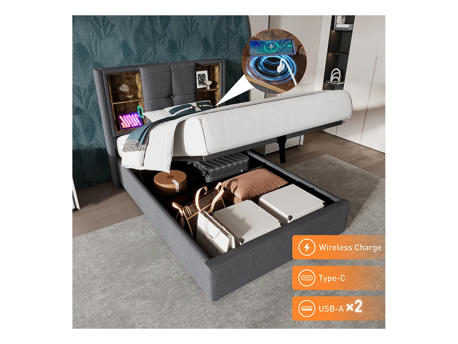 Gestoffeerd opbergbed - 90 x 200 cm - Matras + Hoofdbord met USB - Katoenen stof - Grijs