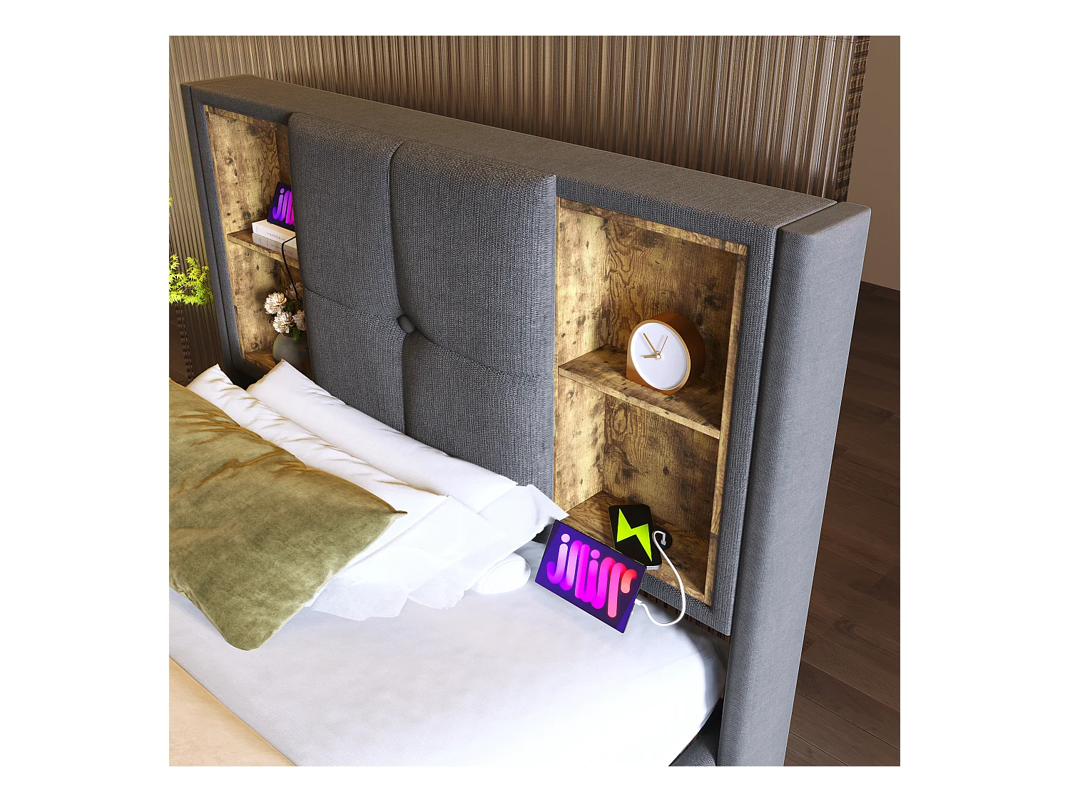 Gestoffeerd opbergbed - 90 x 200 cm - Matras + Hoofdbord met USB - Katoenen stof - Grijs