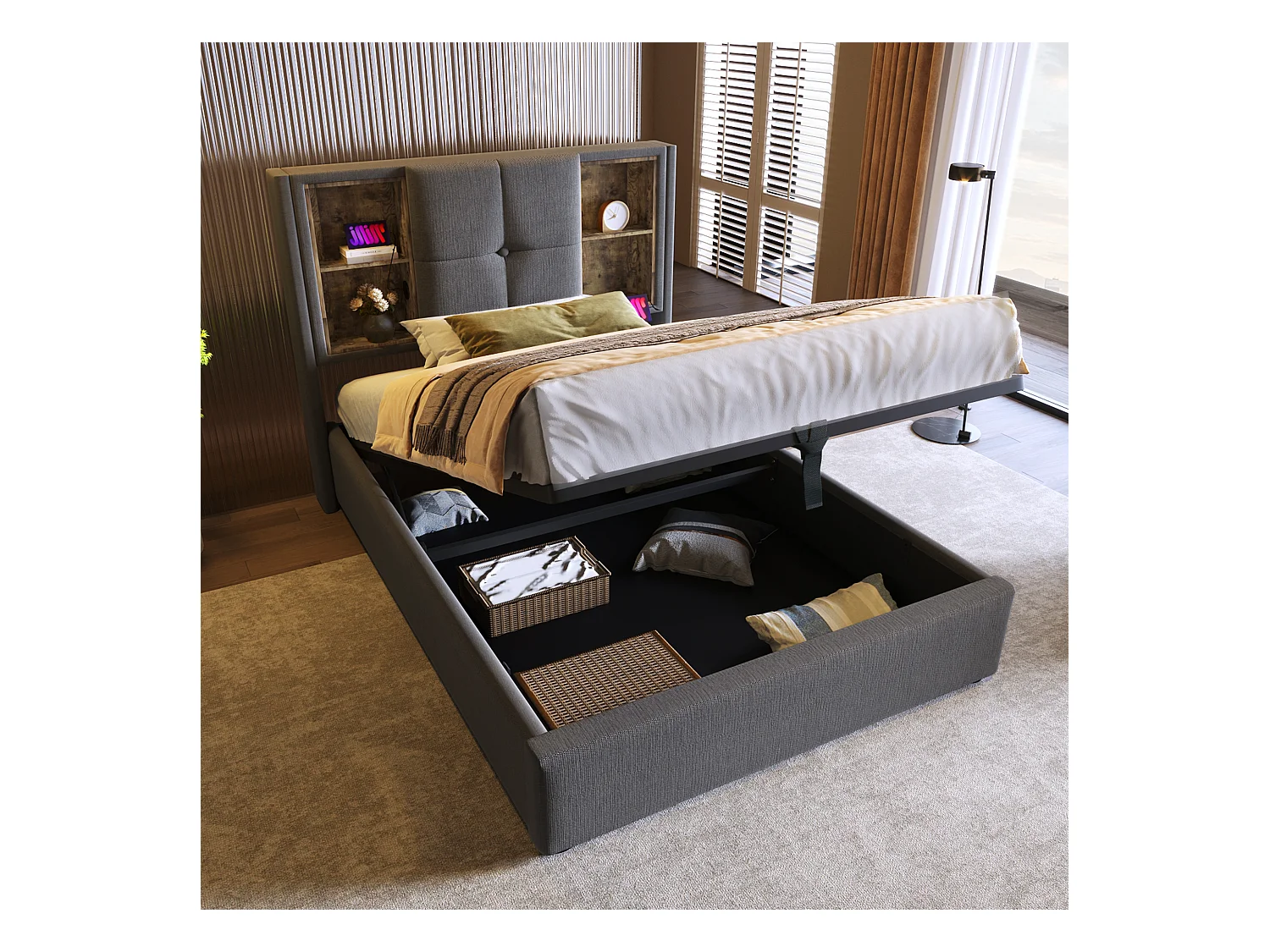 Gestoffeerd opbergbed - 90 x 200 cm - Matras + Hoofdbord met USB - Katoenen stof - Grijs