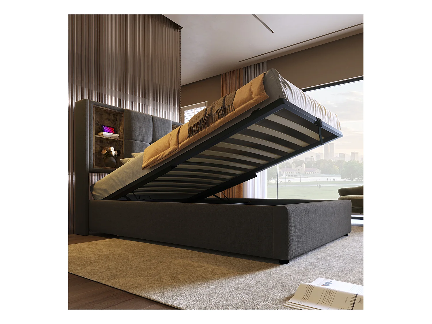 Gestoffeerd opbergbed - 90 x 200 cm - Matras + Hoofdbord met USB - Katoenen stof - Grijs