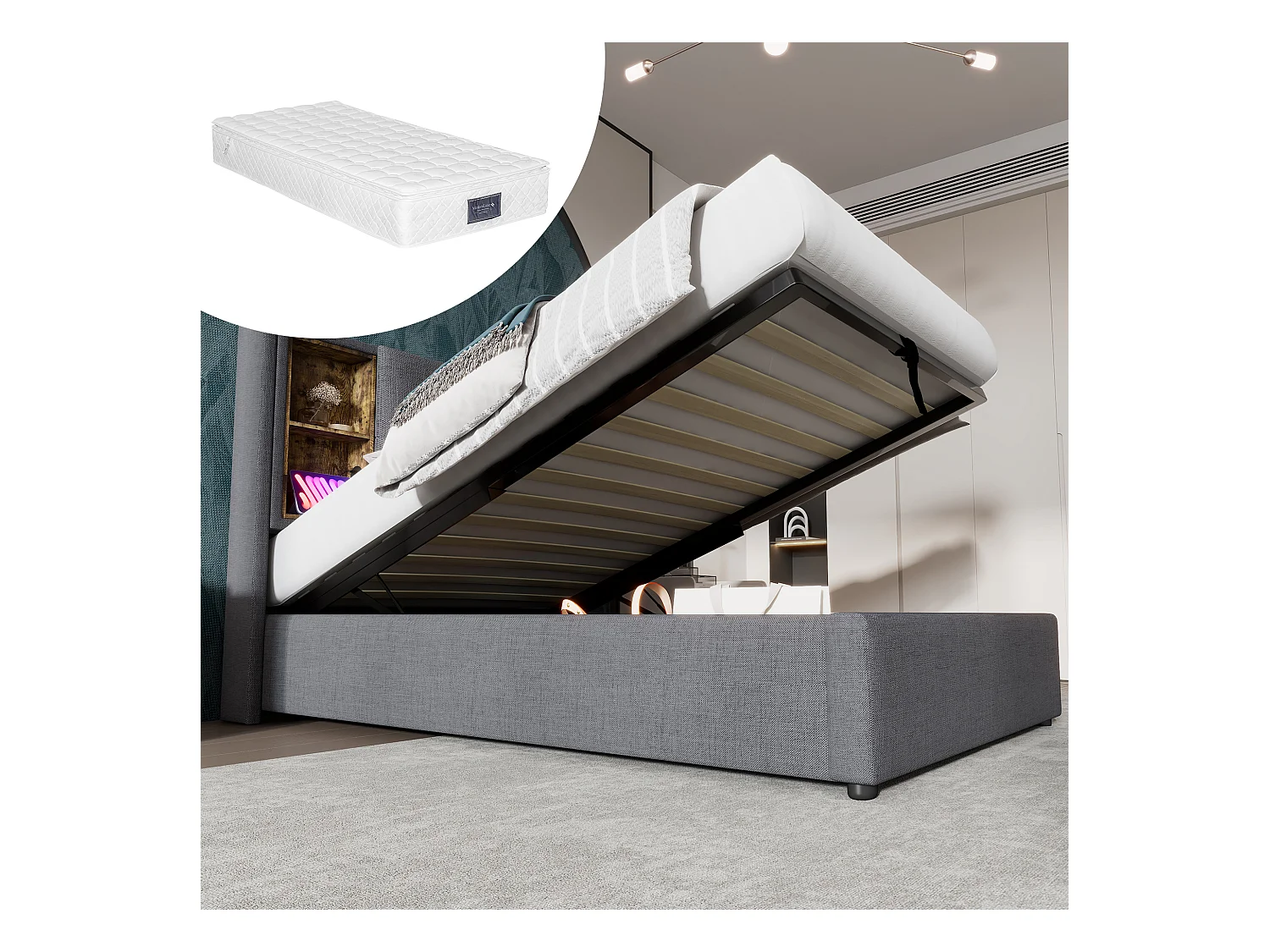 Gepolstertes Bett mit Stauraum - 90 x 200 cm - Matratze + Kopfteil mit USB - Baumwollstoff - Grau
