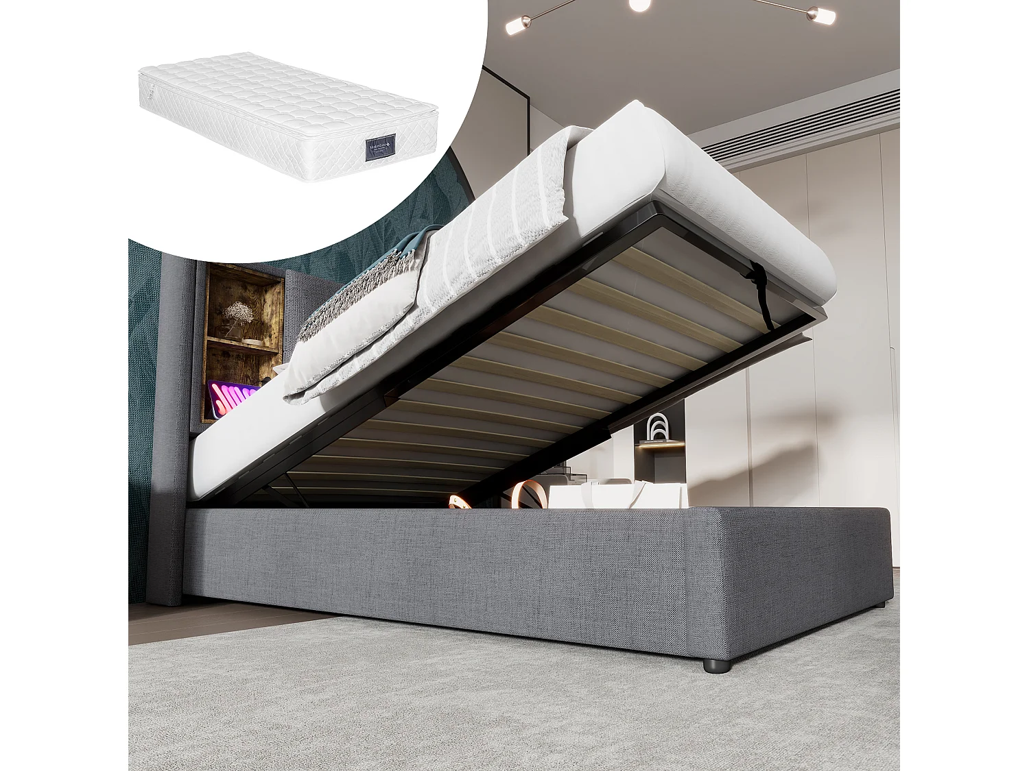 Lit coffre rembourré - 90 x 200 cm - Matelas + Tête de lit avec USB - Tissu coton - Gris