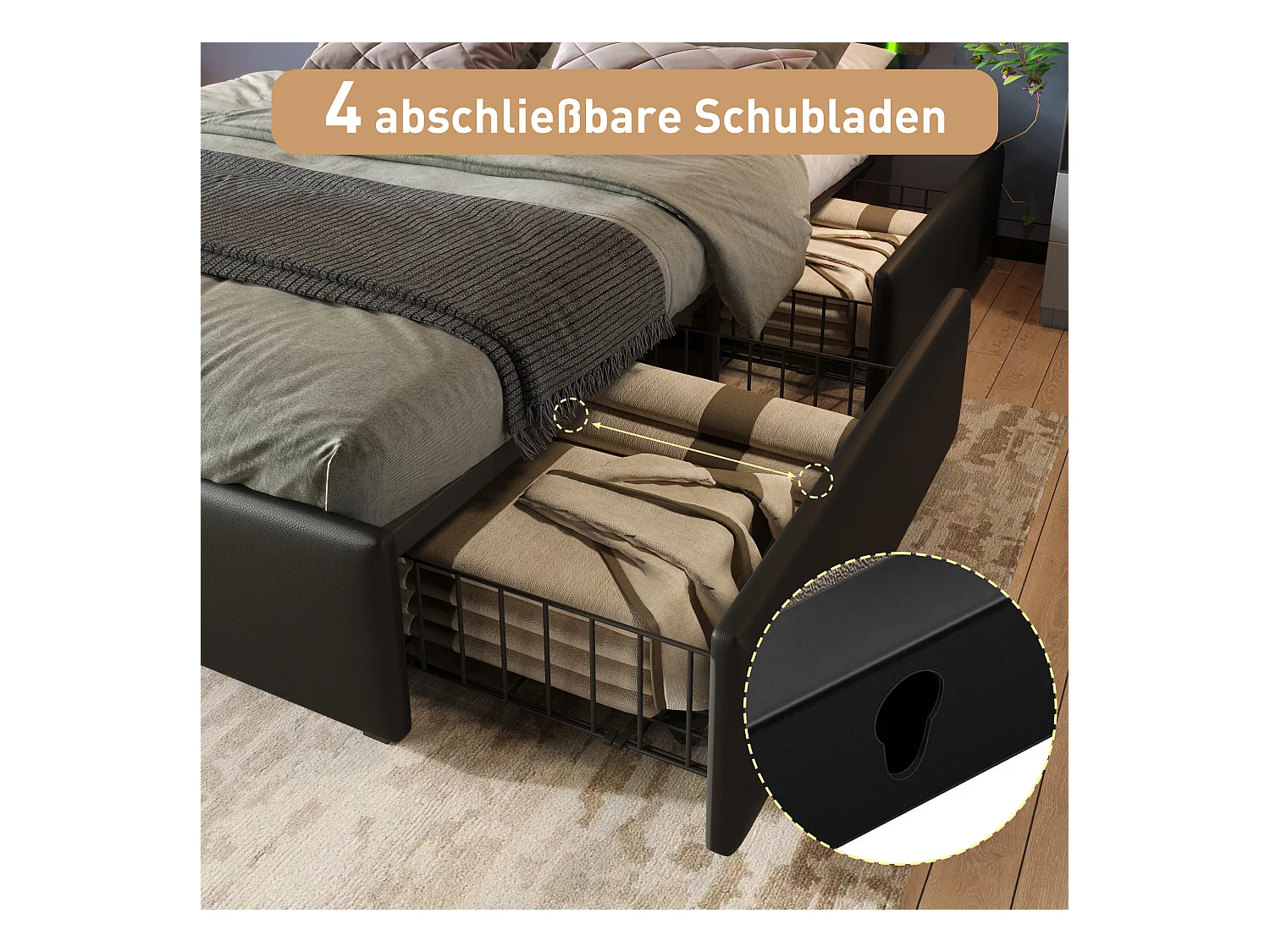 Gepolstertes Doppelbett mit Stauraum - 140 x 200 cm - Matratze + LEDs + 4 Schubladen + verstellbares Kopfteil - PU-Leder - Schwarz