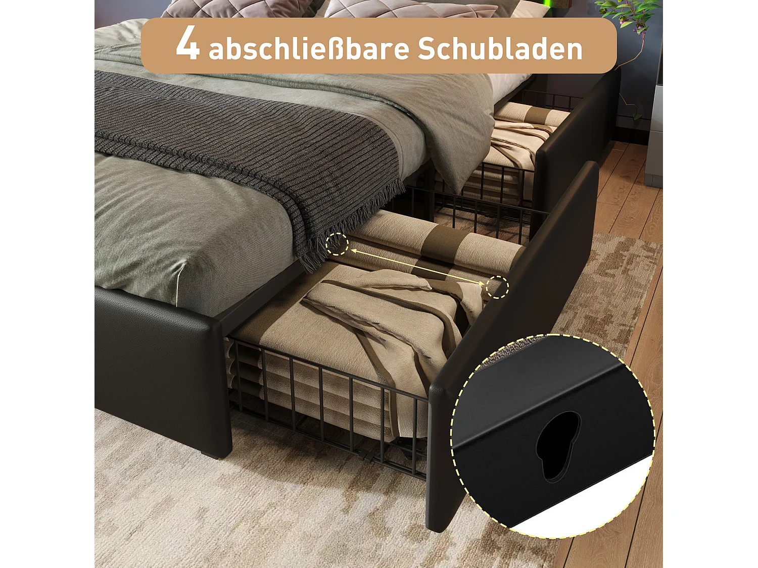 Gepolstertes Doppelbett mit Stauraum - 140 x 200 cm - Matratze + LEDs + 4 Schubladen + verstellbares Kopfteil - PU-Leder - Schwarz
