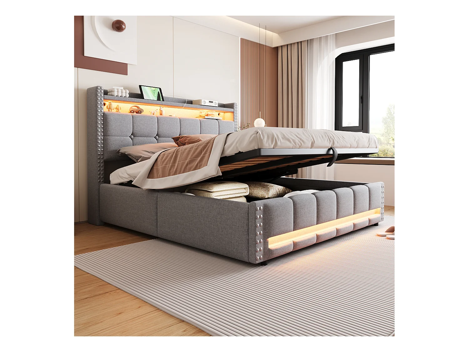 Łóżko tapicerowane podwójne ze schowkiem - 160 x 200 cm - LED + Zagłówek z USB - Tkanina lniana - Jasnoszary