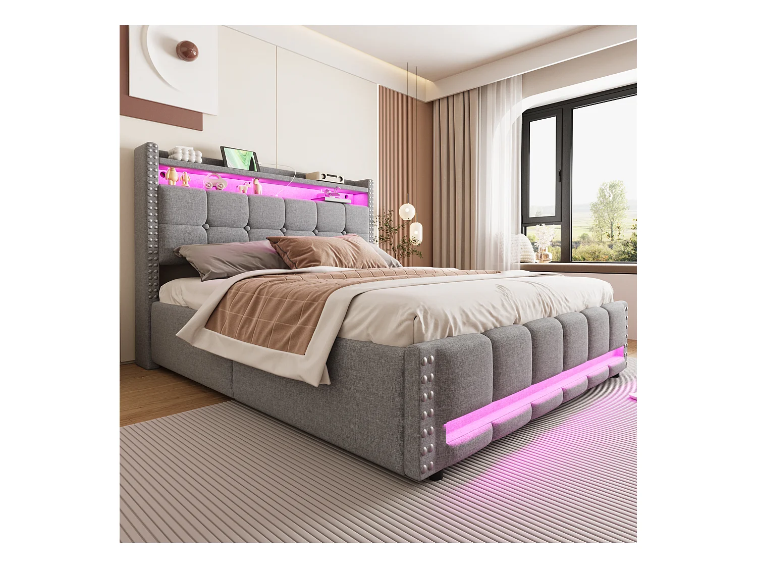 Łóżko tapicerowane podwójne ze schowkiem - 160 x 200 cm - LED + Zagłówek z USB - Tkanina lniana - Jasnoszary