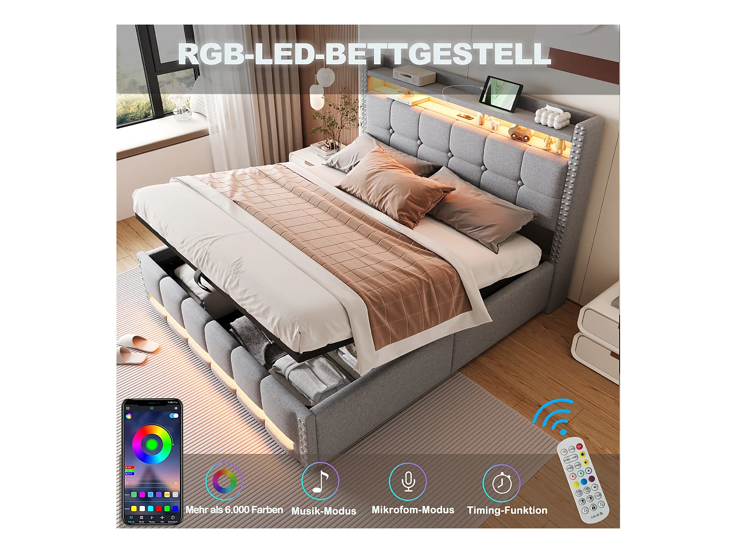 Łóżko tapicerowane podwójne ze schowkiem - 160 x 200 cm - LED + Zagłówek z USB - Tkanina lniana - Jasnoszary