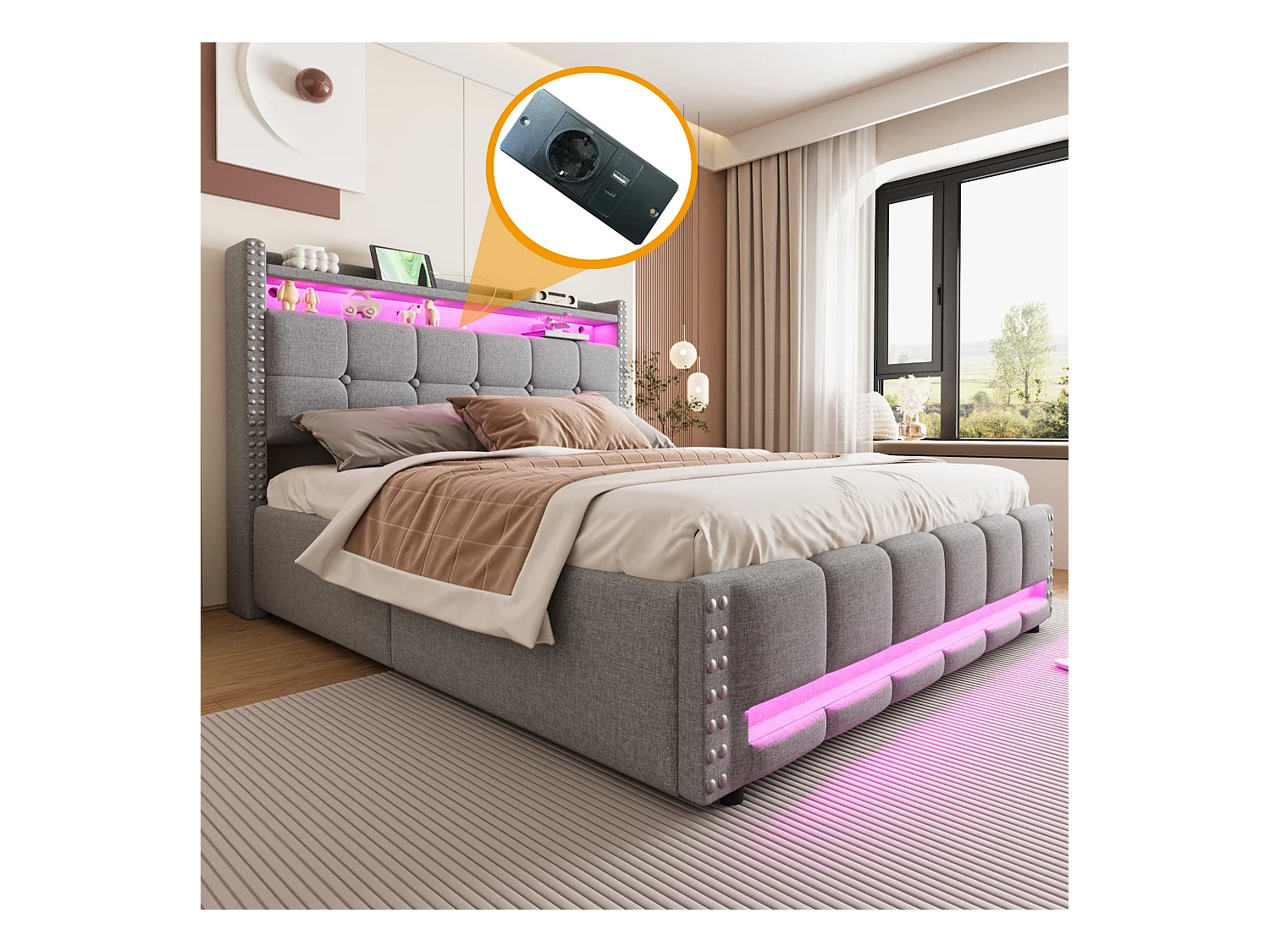 Łóżko tapicerowane podwójne ze schowkiem - 160 x 200 cm - LED + Zagłówek z USB - Tkanina lniana - Jasnoszary